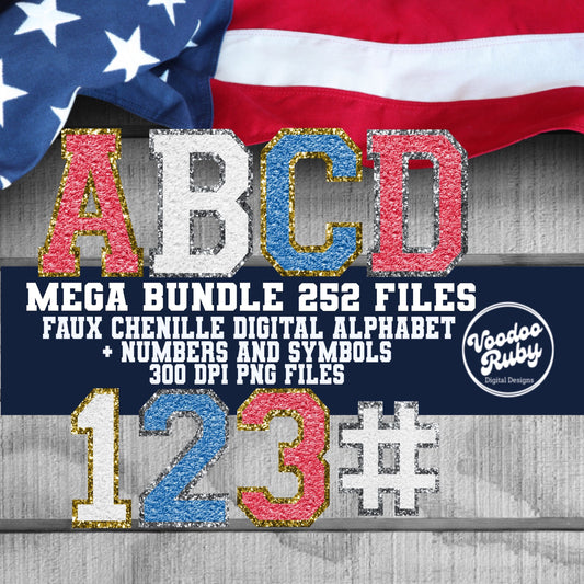 4th of July Faux Chenille Letters PNG Sublimation Bundle Chenille Letter Patches Digital Download Sports Letters PNG Alpha Pack DTF