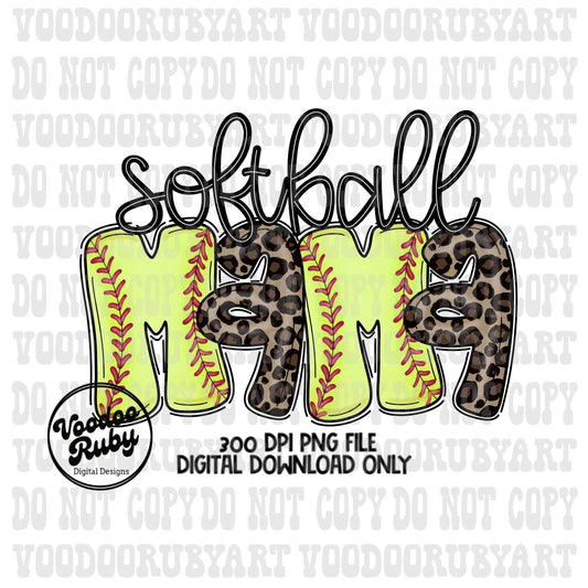Leopard Softball Mama PNG: Hand-Drawn Doodle Letters (Digital Download