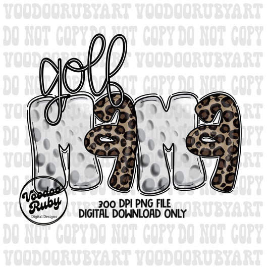 Retro Golf Mama PNG Design: Leopard Print, Hand-Drawn Letters (Digital Download)