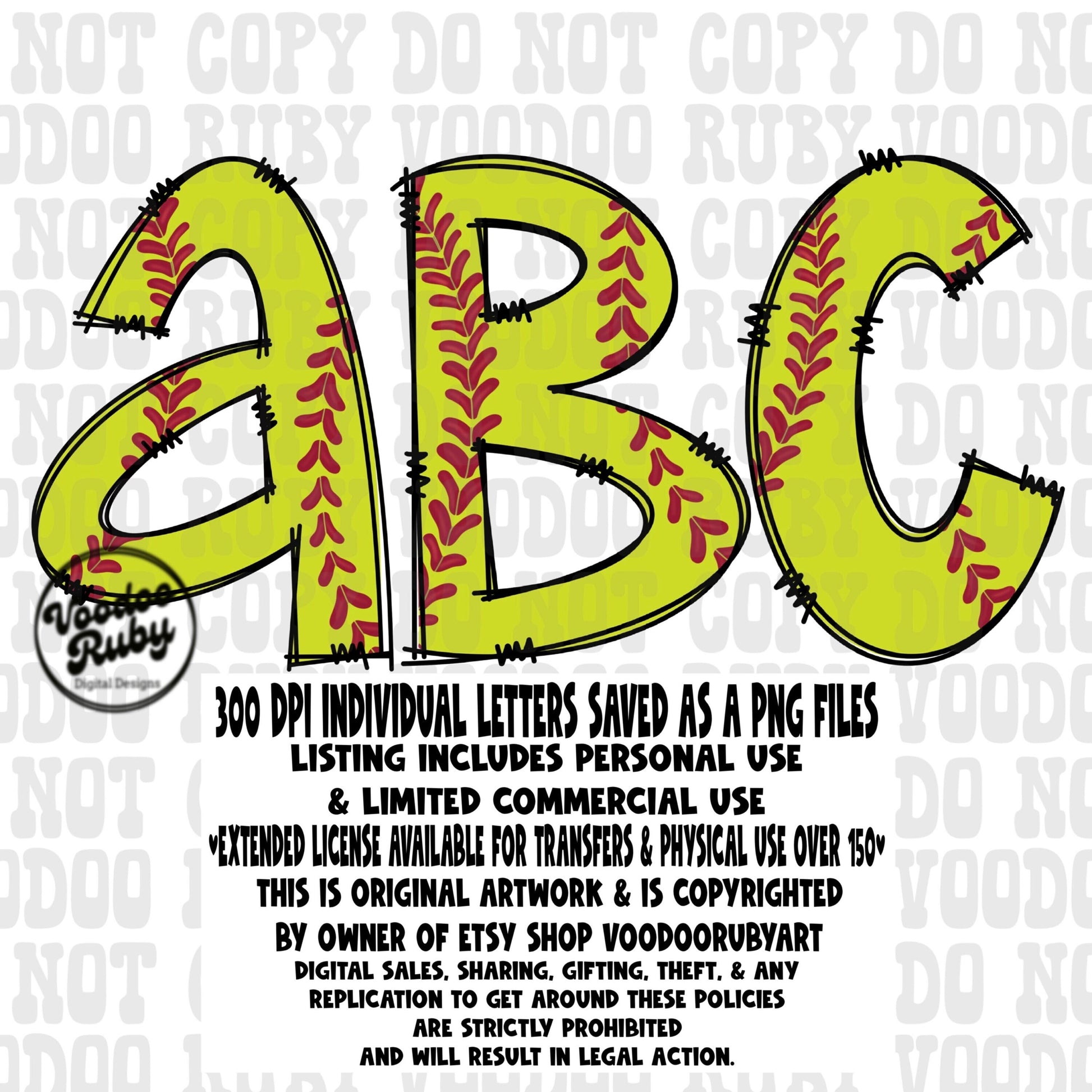 Softball Doodle Alphabet PNG Bundle: Hand-Drawn Letters (Digital Download