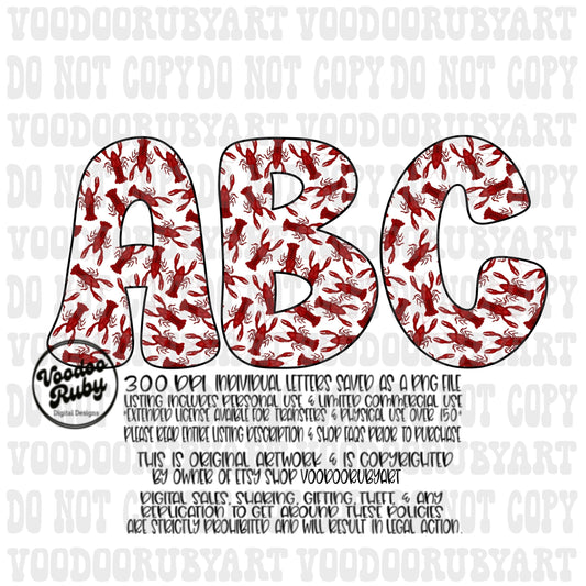 Crawfish Doodle Alphabet PNG: Cajun Letters, Louisiana Sublimation (Digital Download)