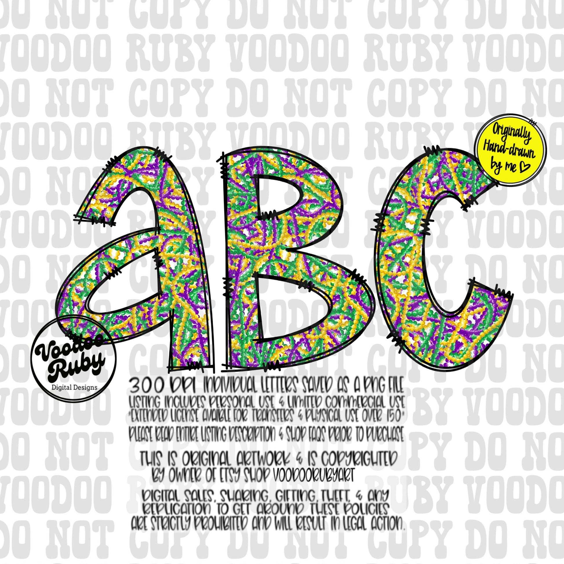 Mardi Gras Doodle Alphabet PNG: Louisiana Hand-Drawn Letters (Digital Download)