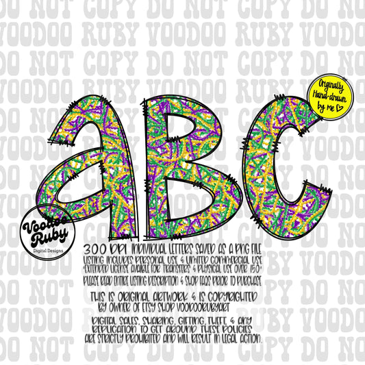 Mardi Gras Doodle Alphabet PNG: Louisiana Hand-Drawn Letters (Digital Download)