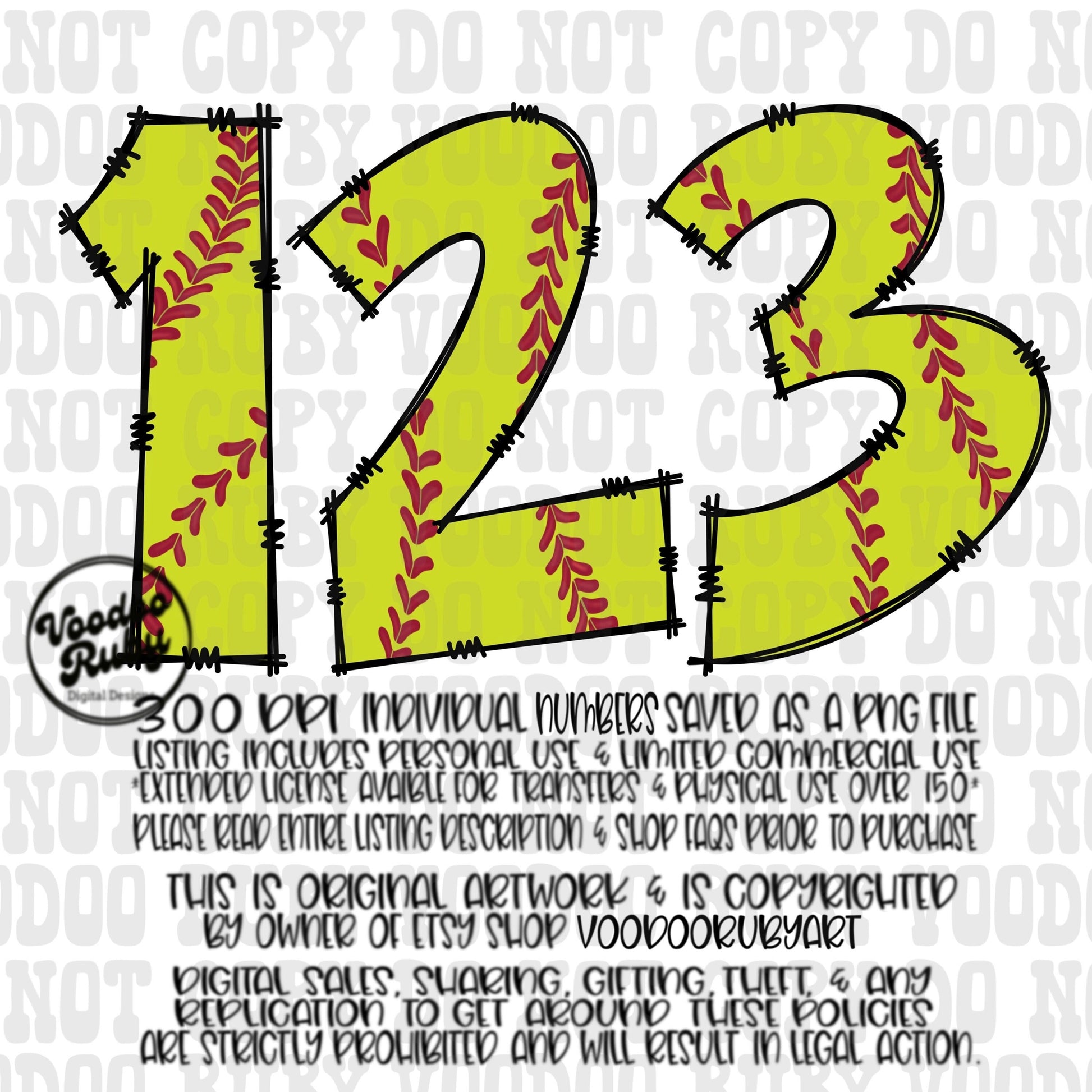 Softball Doodle Numbers PNG Bundle: Hand-Drawn, Sublimation, DTF Printable (Digital Download)