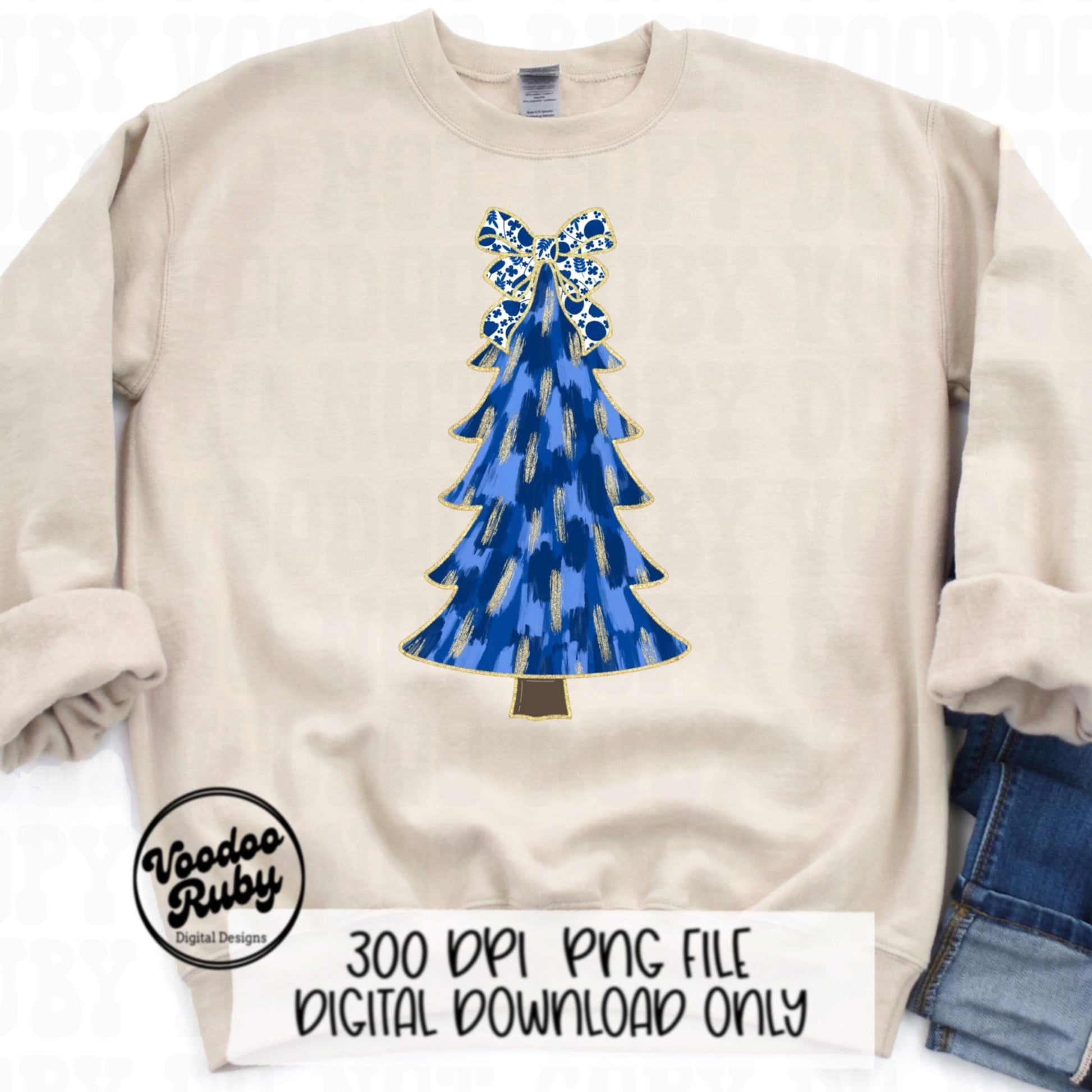 Hand Drawn Blue Floral Christmas Tree PNG | Glittery Digital Download for Sublimation | Merry Christmas Art