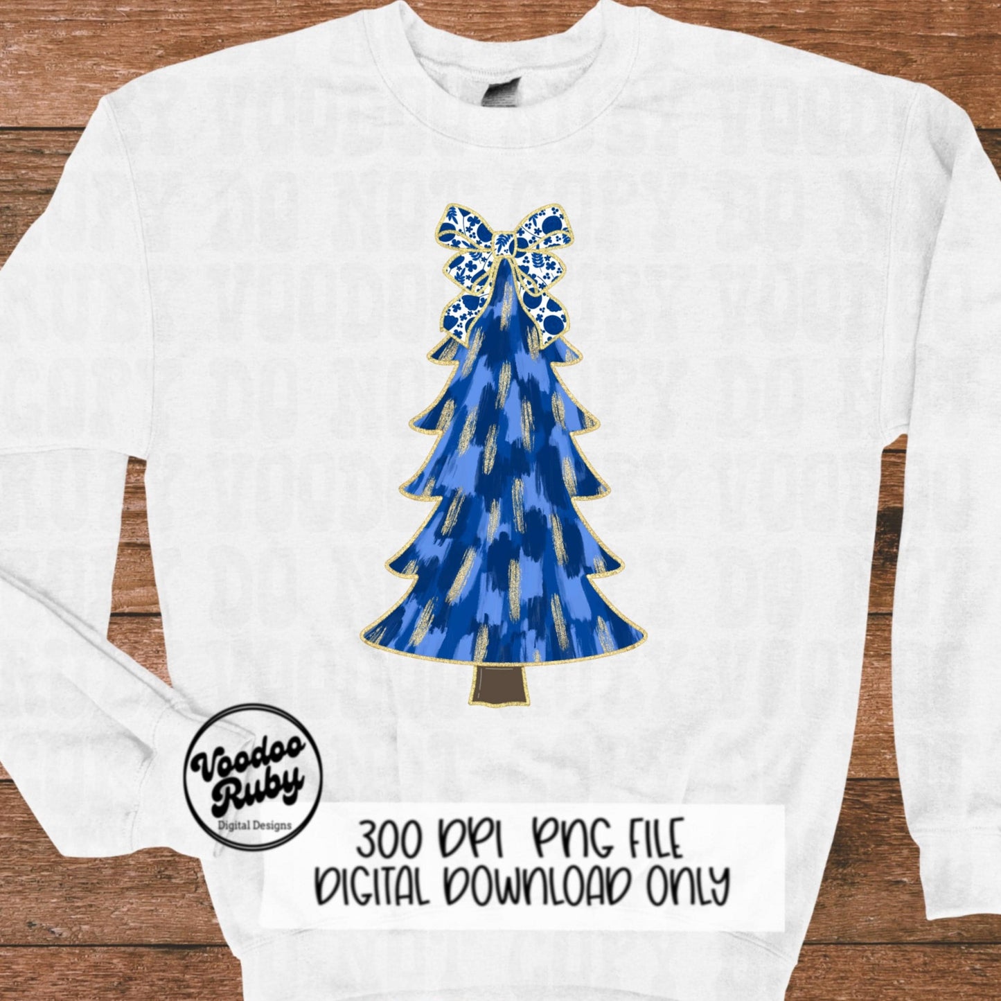 Hand Drawn Blue Floral Christmas Tree PNG | Glittery Digital Download for Sublimation | Merry Christmas Art