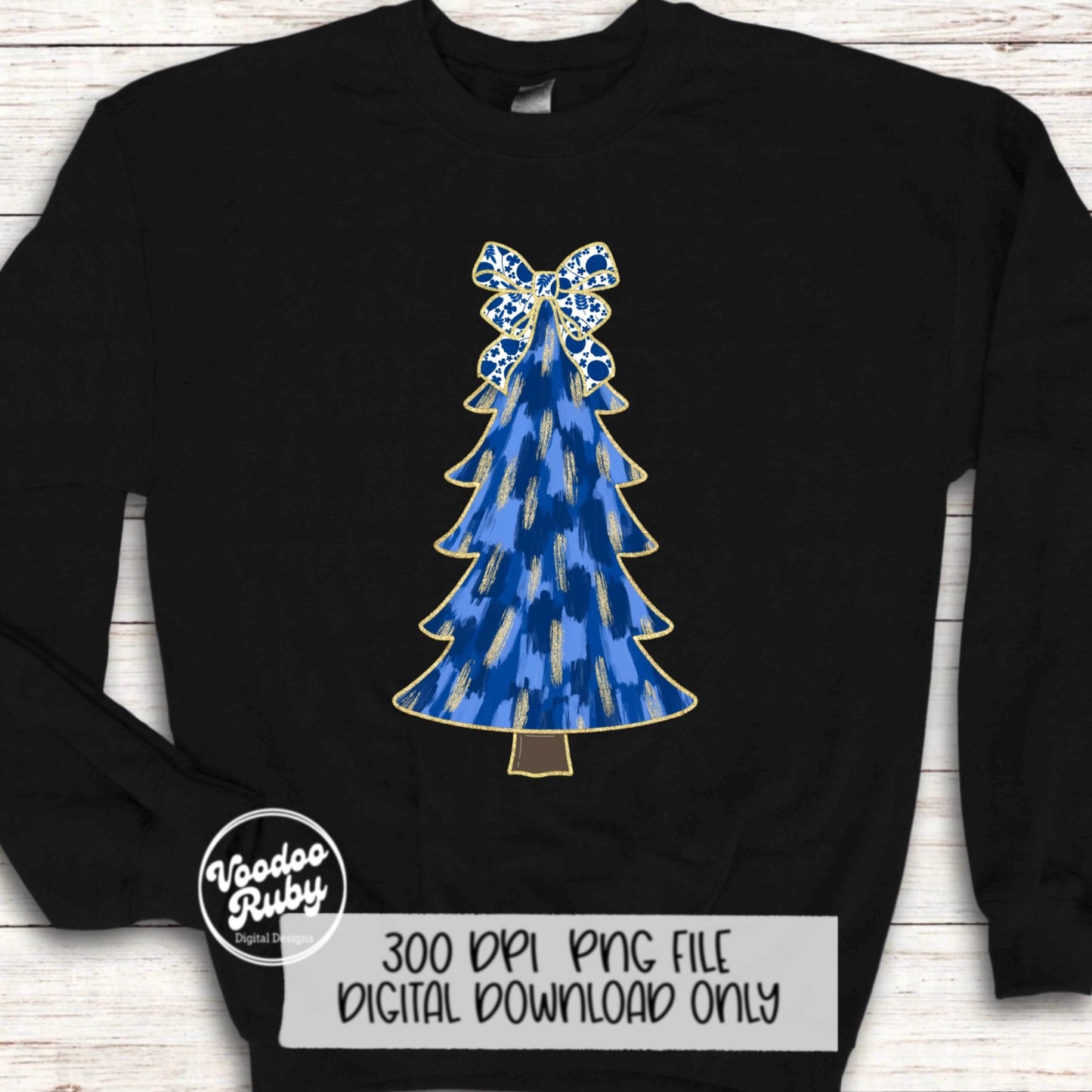 Hand Drawn Blue Floral Christmas Tree PNG | Glittery Digital Download for Sublimation | Merry Christmas Art