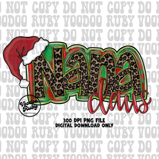 Nana Claus Leopard Christmas PNG: Hand-Drawn Santa Grandma Clip Art (Digital Download