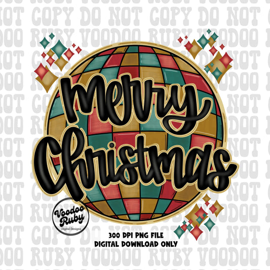 Vintage Christmas Vibes Merry Christmas PNG Design with Mirrorball in background hand drawn and hand lettered in 300 DPI high resolution Retro Christmas DTF Printable Design