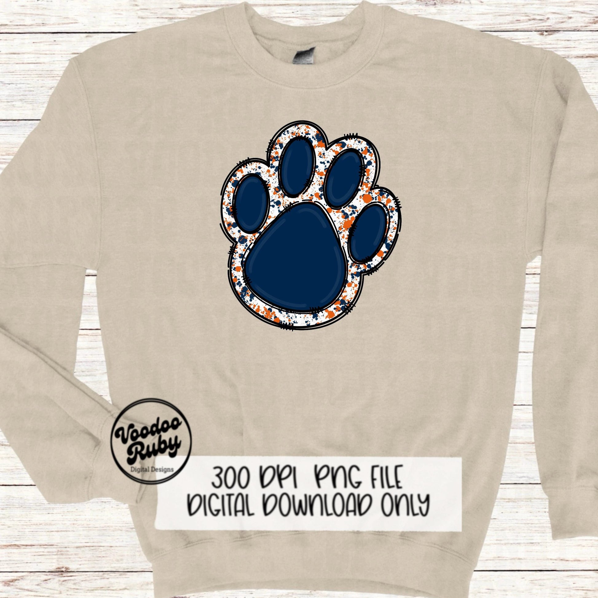 Blue Orange Paw Print PNG Sublimation Design Hand Drawn Digital Download Clip Art Mascot DTF Printable Football Clip Art