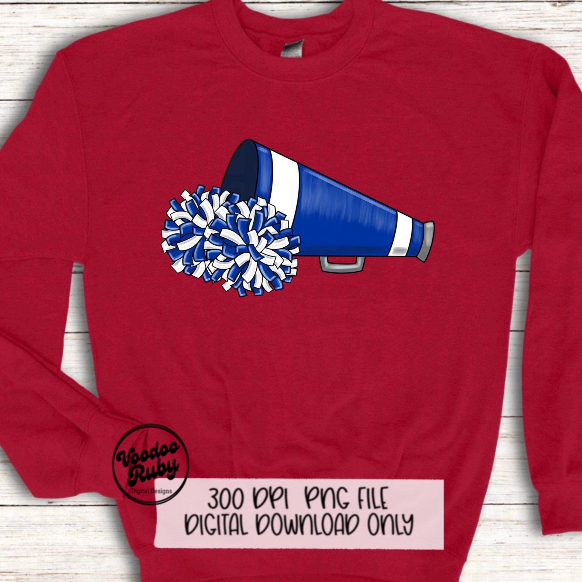 Cheer PNG Design Blue White Team Hand Drawn Digital Download PNG Megaphone Cheerleader Clip Art DTF Printable Sublimation Blanks