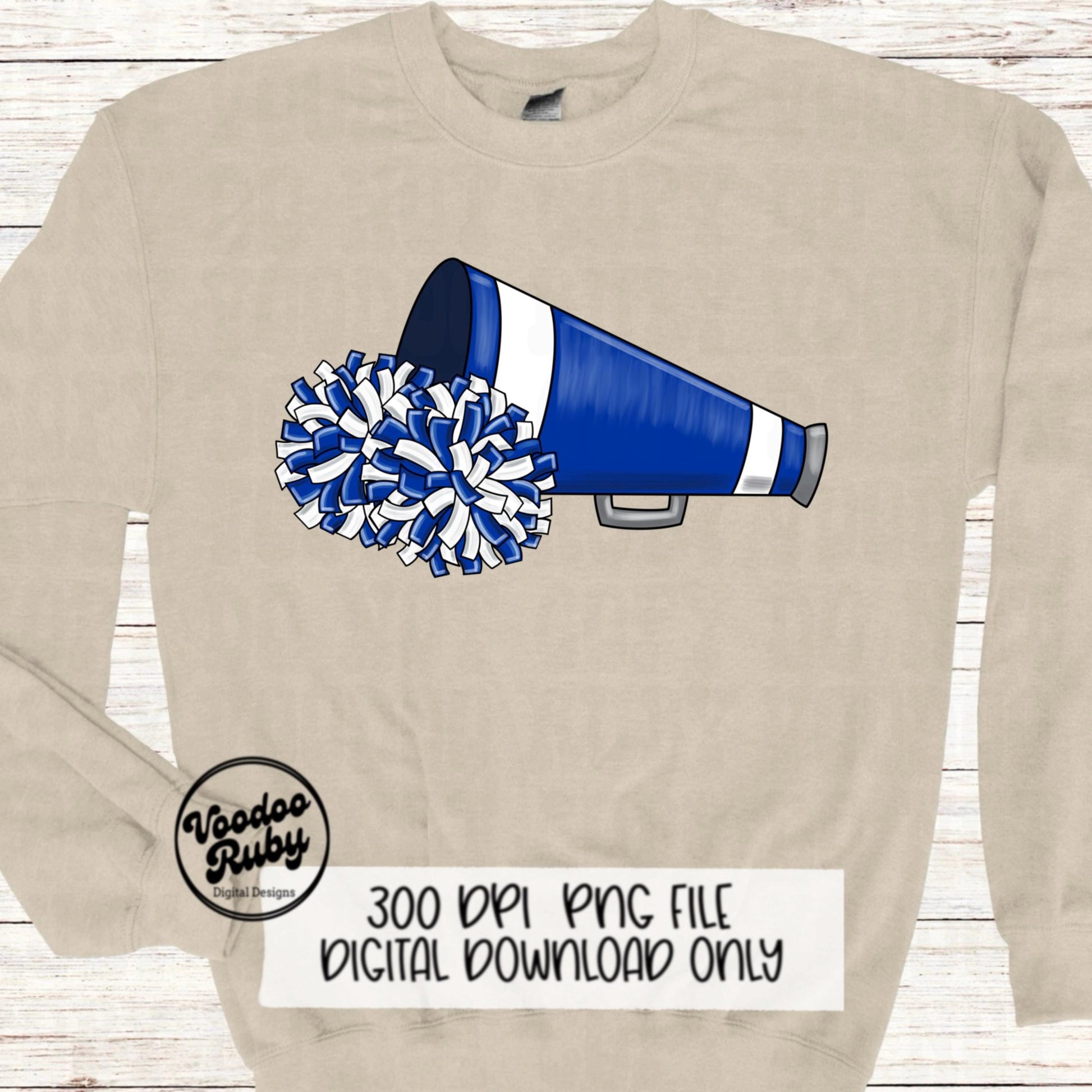 Cheer PNG Design Blue White Team Hand Drawn Digital Download PNG Megaphone Cheerleader Clip Art DTF Printable Sublimation Blanks