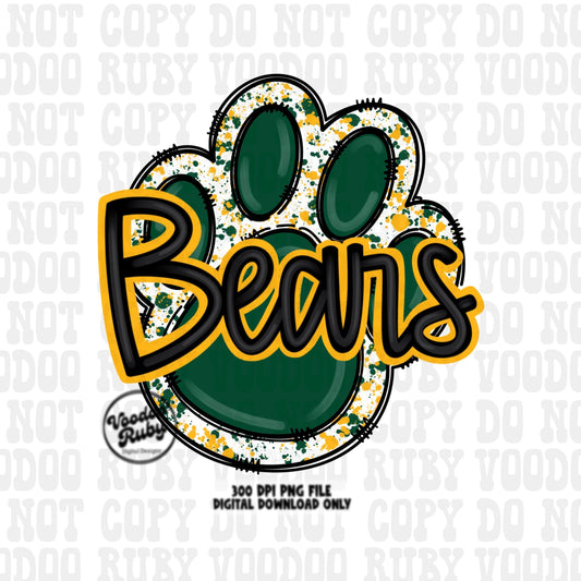 Bears PNG Design Sublimation Hand Drawn Digital Download Football png Green Gold Yellow Paw png Bears Football DTF Printable Clip Art