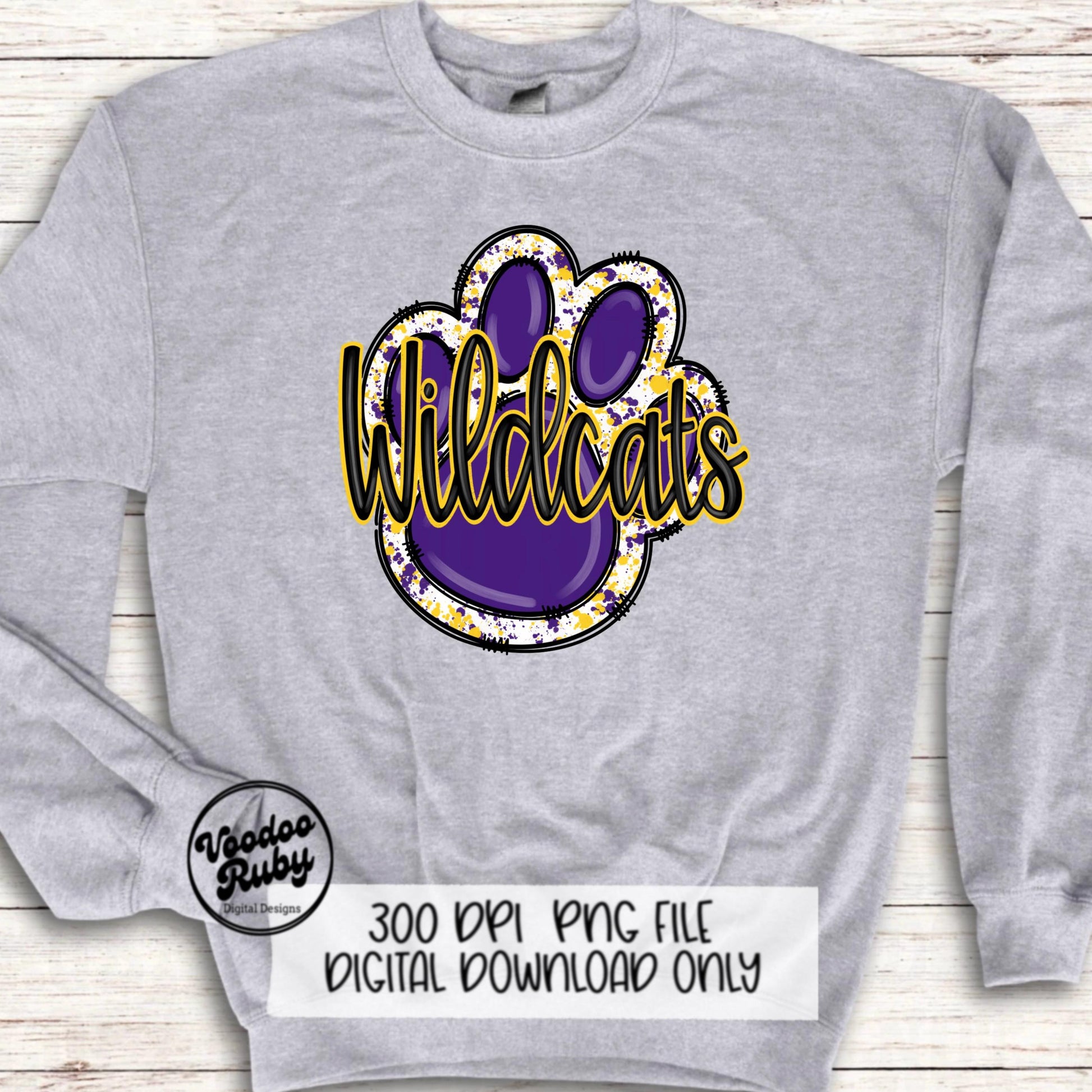 Wildcats PNG Design Sublimation Hand Drawn Digital Download Football PNG Purple Gold Wildcats Paw Print DTF Printable Clip Art