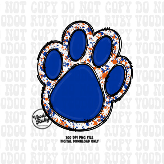 Blue Orange Paw Print PNG Design Sublimation Hand Drawn Digital Download Blanks PNG Blue Orange Paw Mascot Football DTF Printable