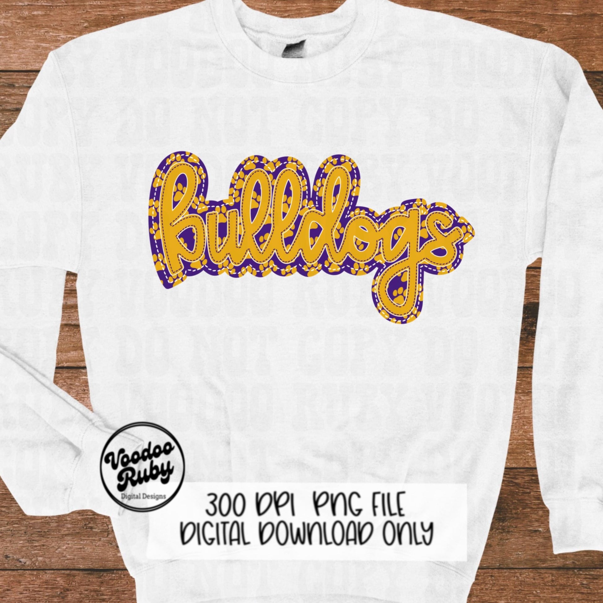 Bulldogs PNG Design Embroidery Faux Applique Hand Drawn Digital Download Sublimation Bulldogs DTF Printable Purple Gold Bulldogs Football
