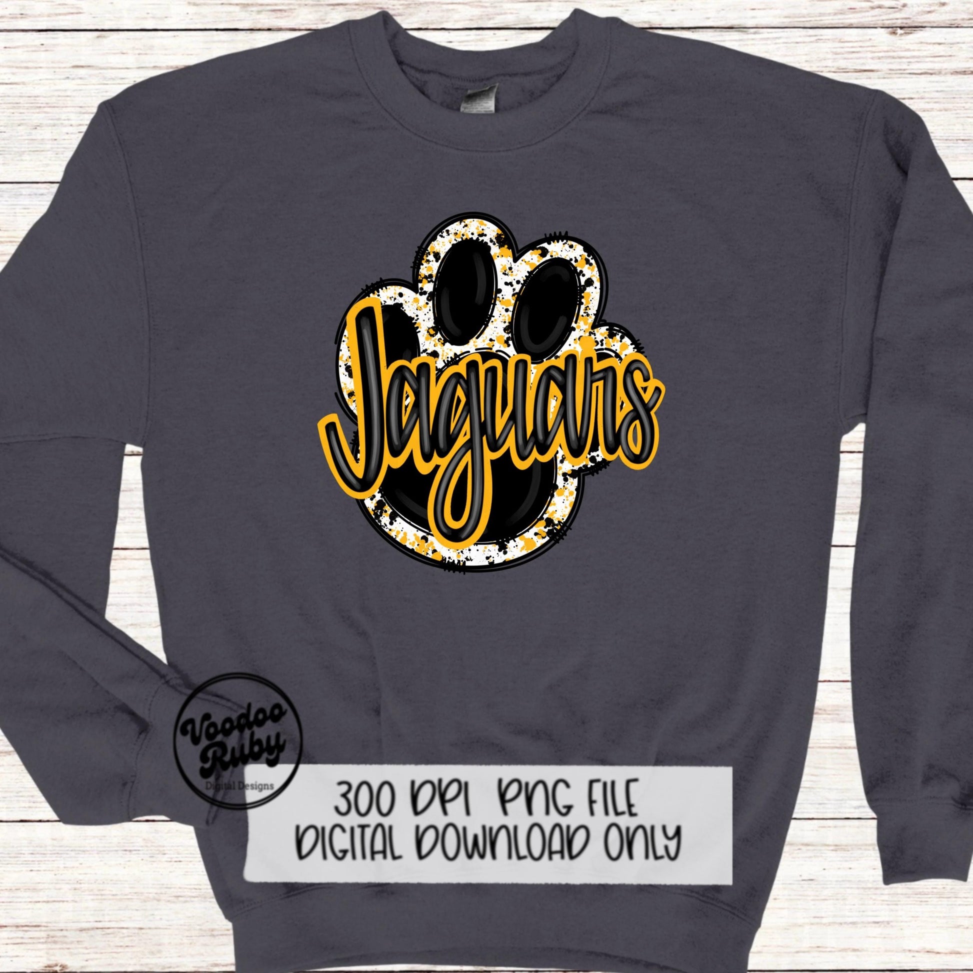 Jaguars PNG Design Sublimation Hand Drawn Digital Download Paw Print Clip Art Black Gold Jaguars Mascot DTF Printable