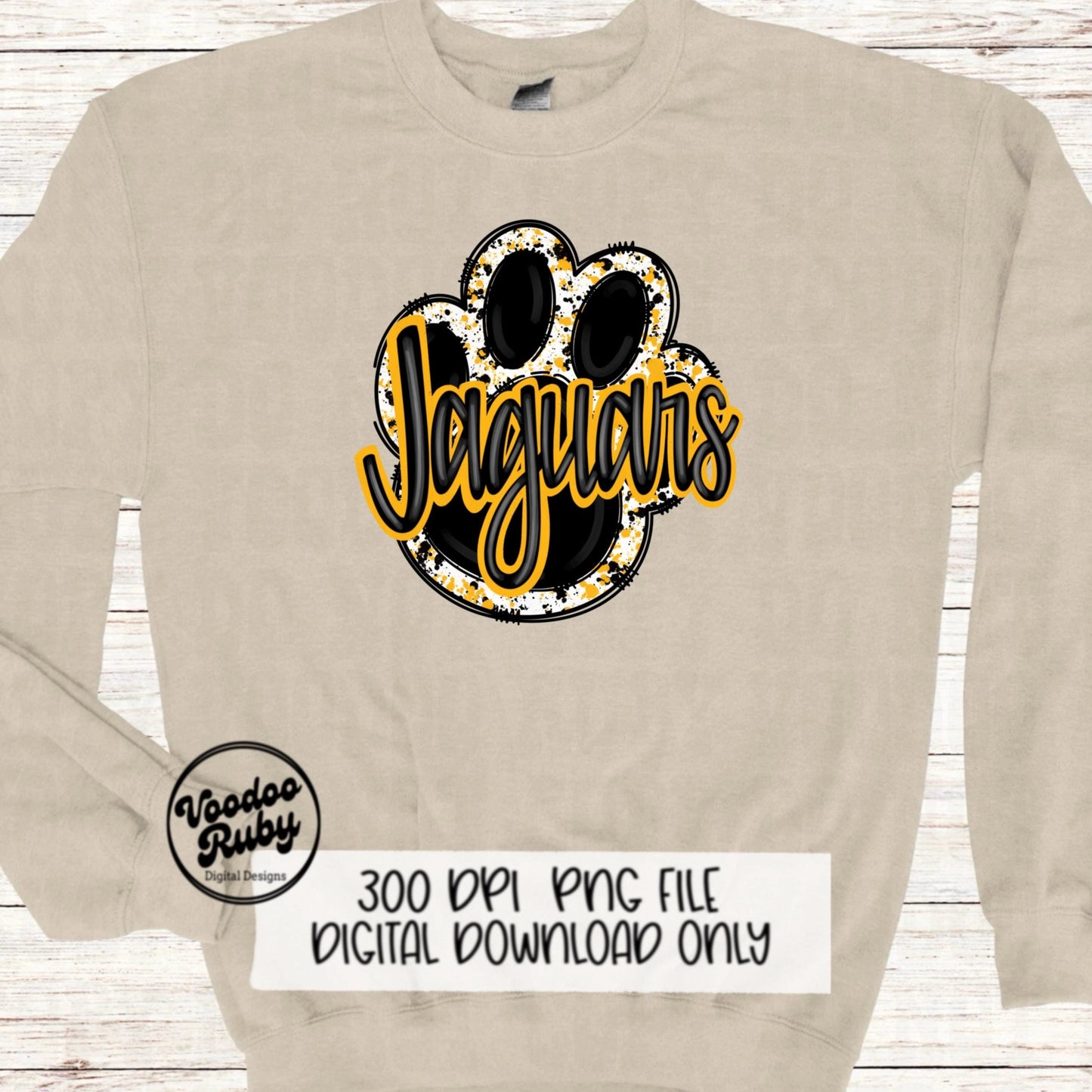 Jaguars PNG Design Sublimation Hand Drawn Digital Download Paw Print Clip Art Black Gold Jaguars Mascot DTF Printable