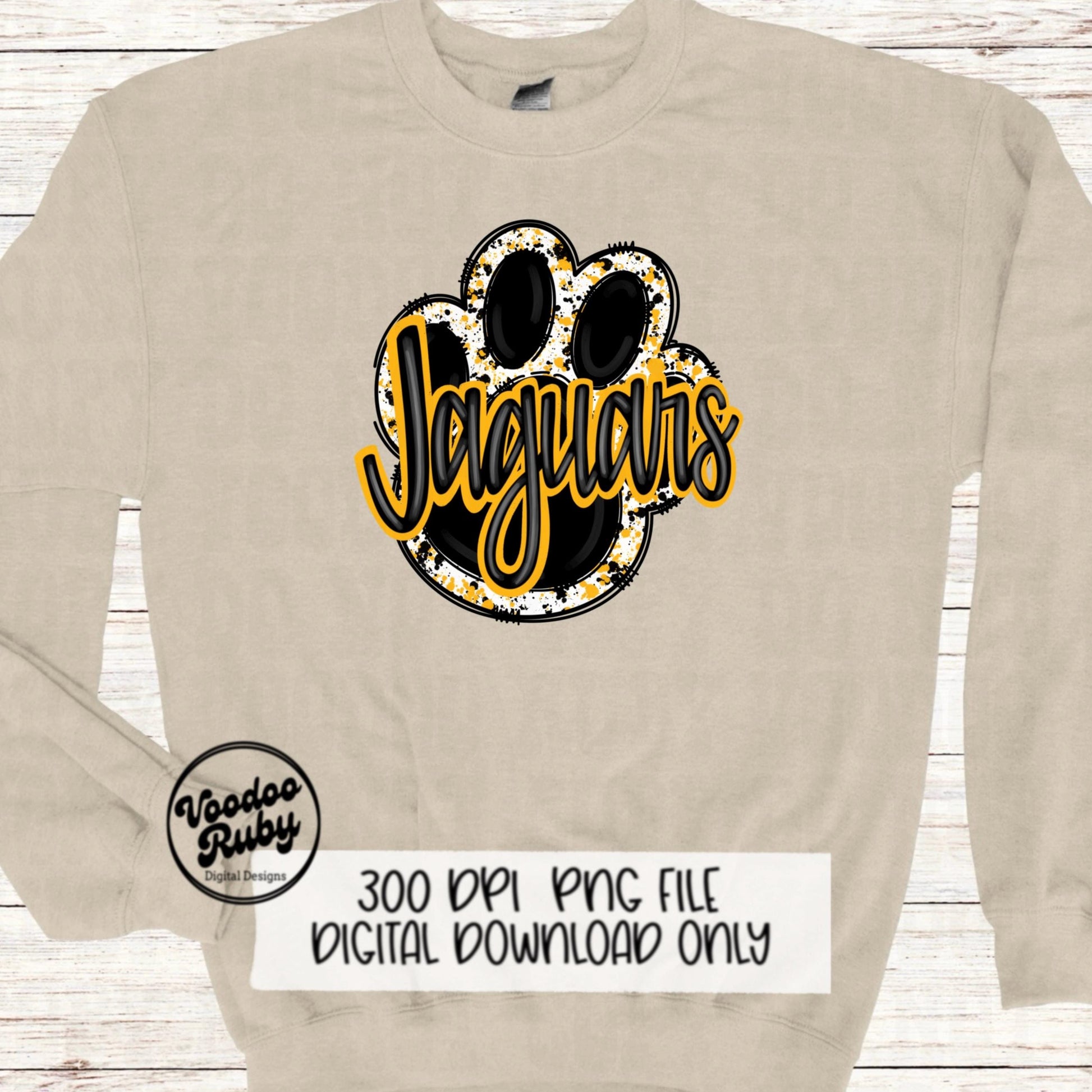 Jaguars PNG Design Sublimation Hand Drawn Digital Download Paw Print Clip Art Black Gold Jaguars Mascot DTF Printable