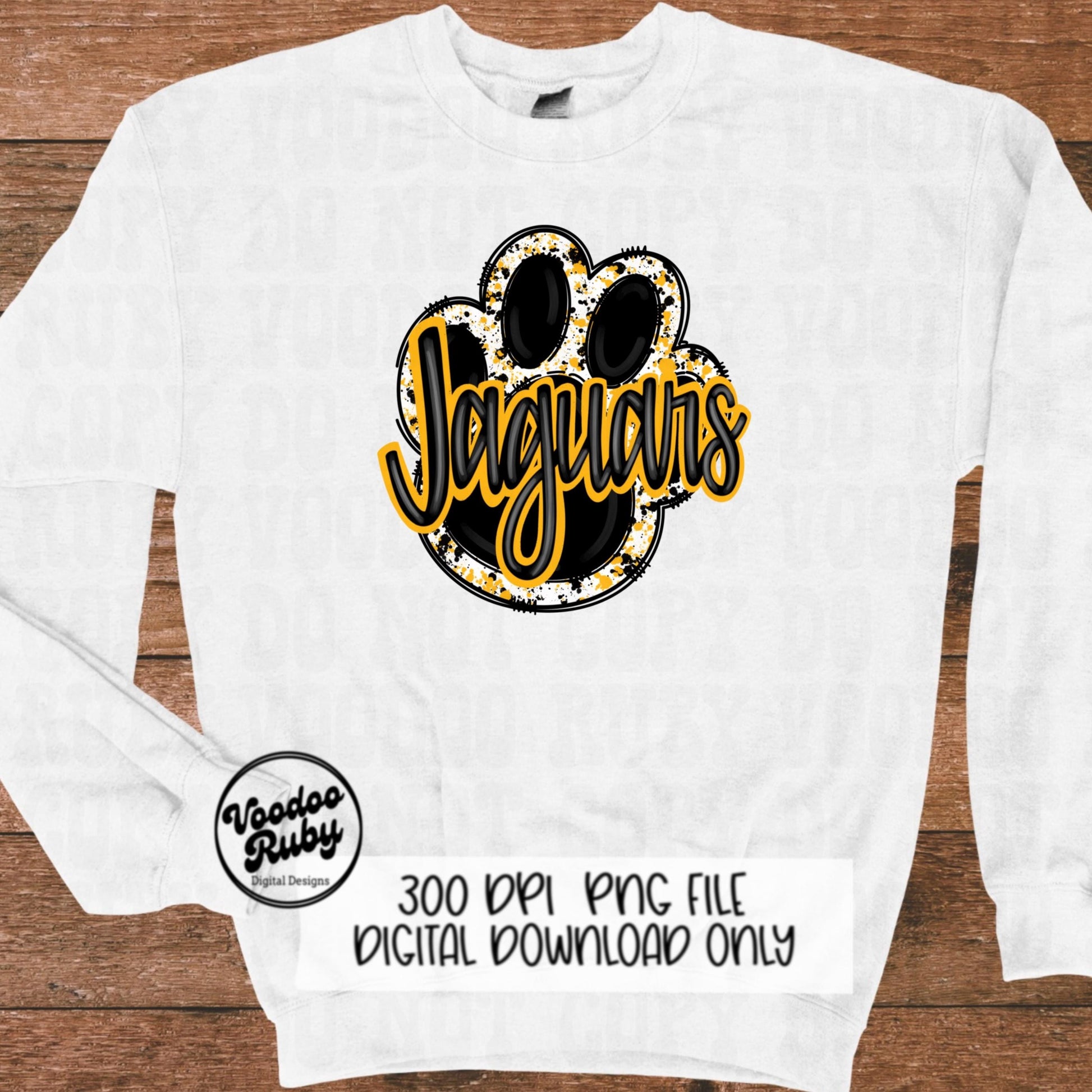 Jaguars PNG Design Sublimation Hand Drawn Digital Download Paw Print Clip Art Black Gold Jaguars Mascot DTF Printable