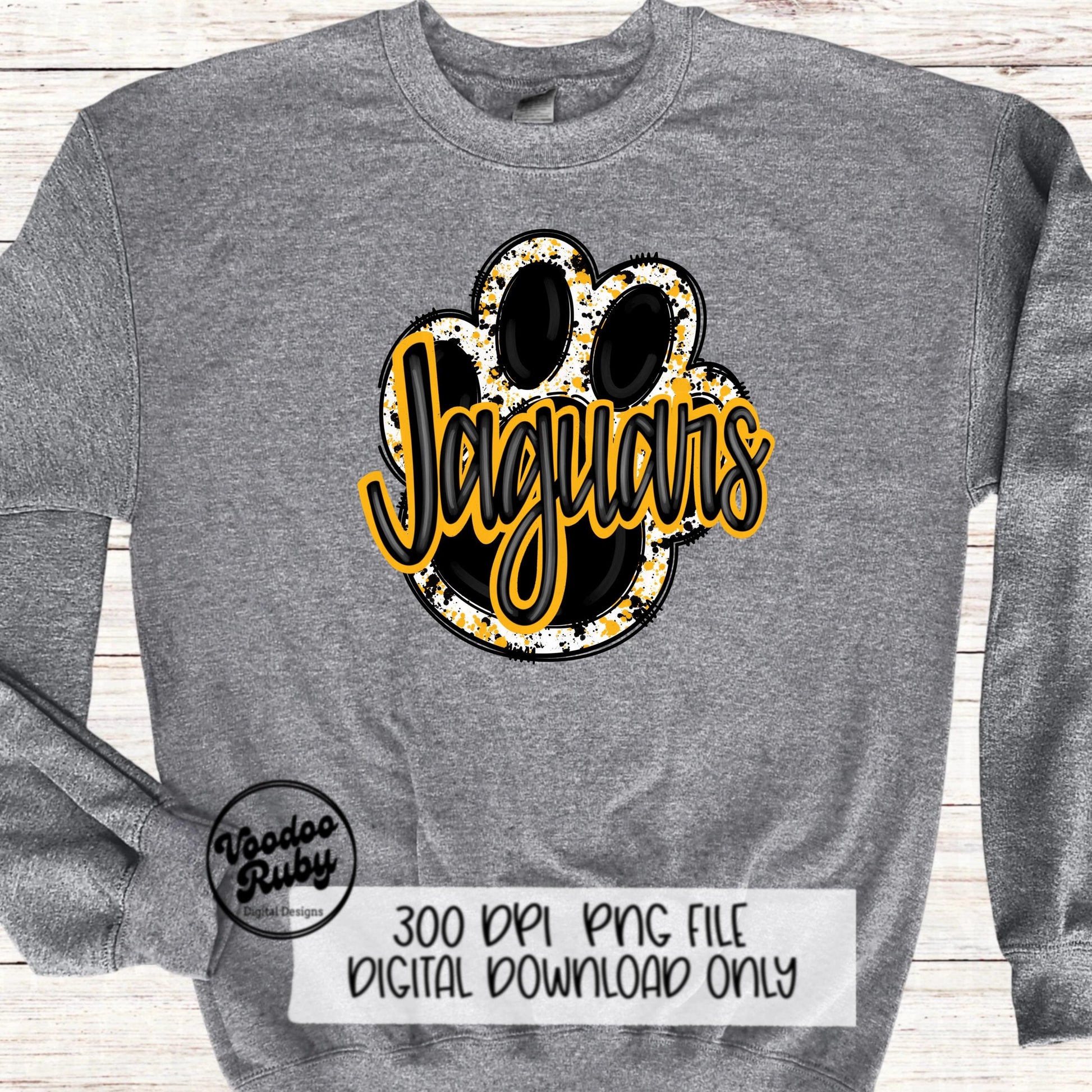 Jaguars PNG Design Sublimation Hand Drawn Digital Download Paw Print Clip Art Black Gold Jaguars Mascot DTF Printable