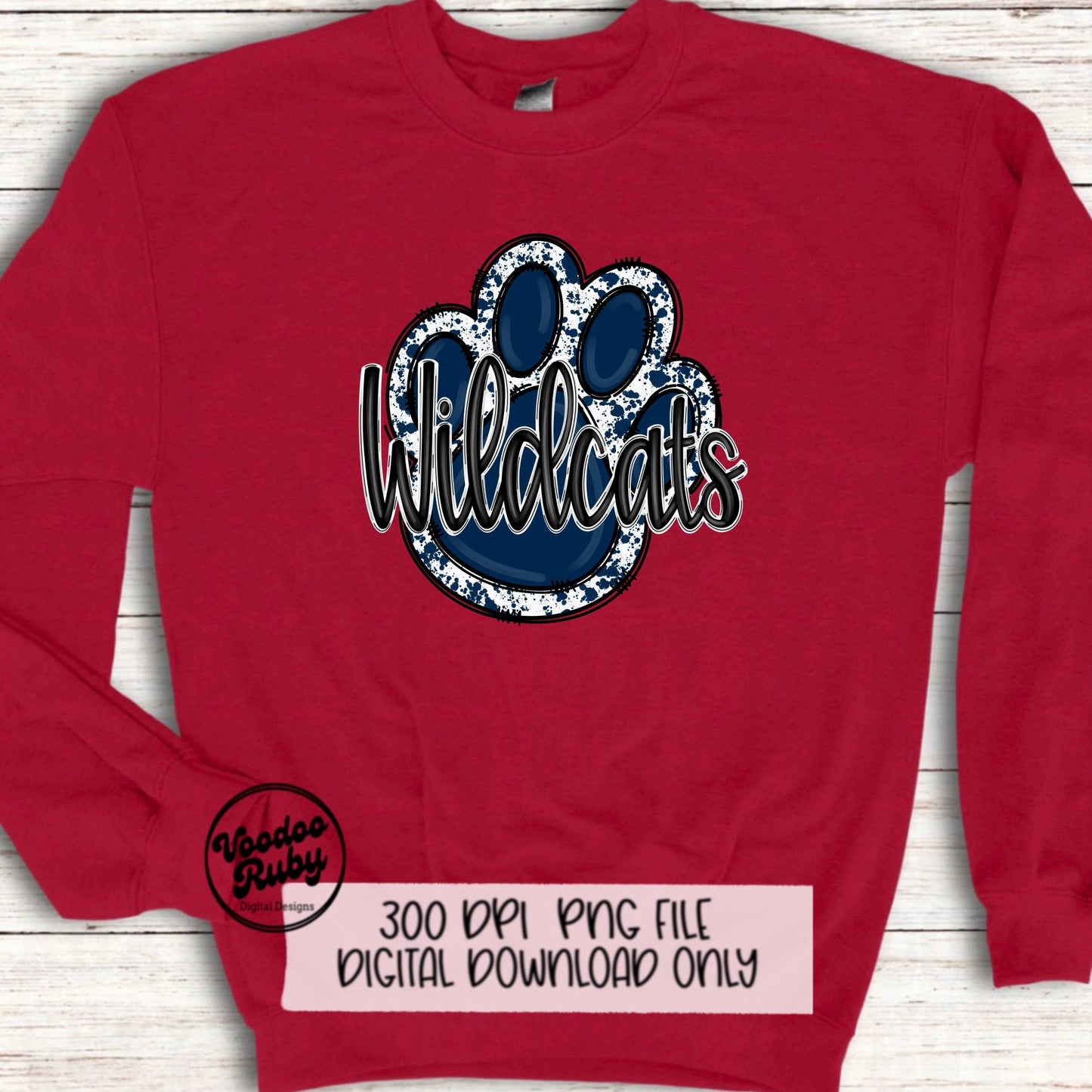 Wildcats PNG Design Hand Drawn Digital Download Sublimation Football Navy Blue Wildcats Paw Print DTF Printable Clip Art