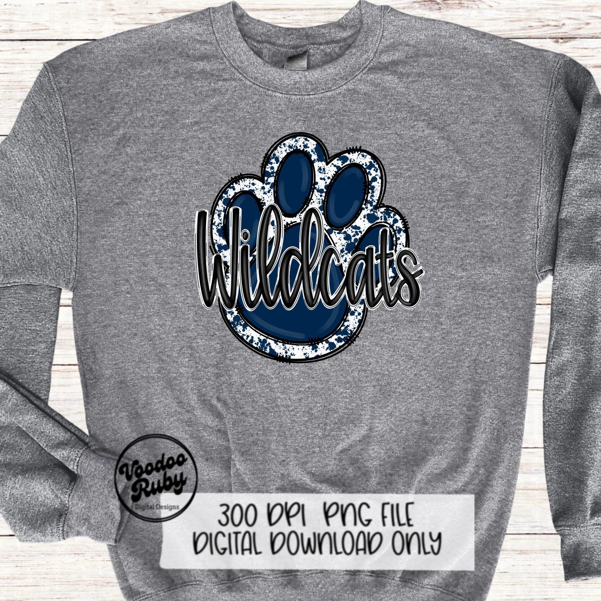Wildcats PNG Design Hand Drawn Digital Download Sublimation Football Navy Blue Wildcats Paw Print DTF Printable Clip Art