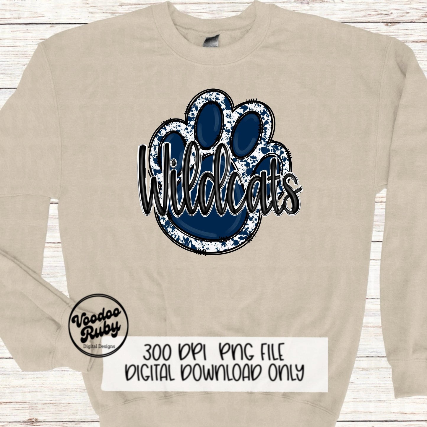 Wildcats PNG Design Hand Drawn Digital Download Sublimation Football Navy Blue Wildcats Paw Print DTF Printable Clip Art