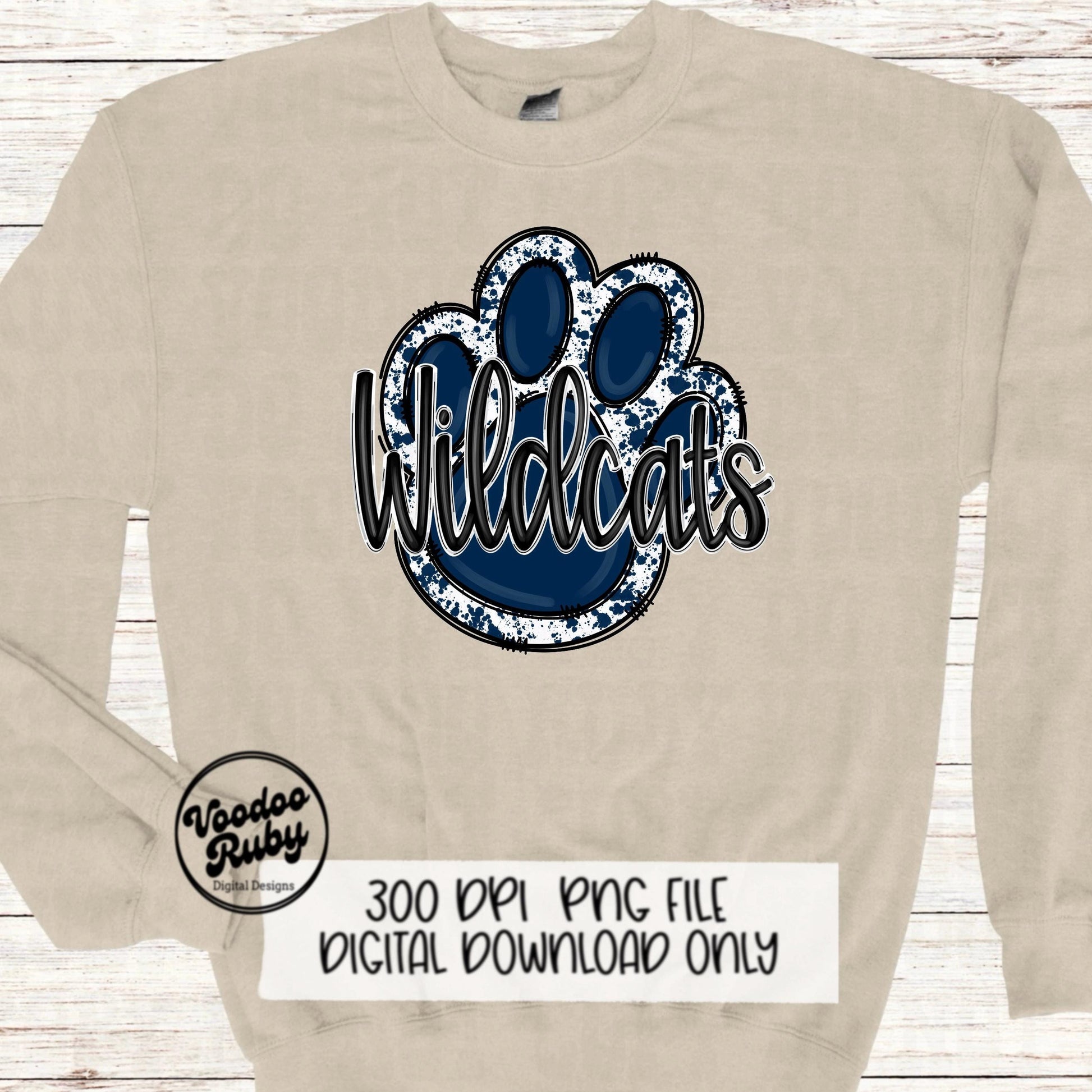 Wildcats PNG Design Hand Drawn Digital Download Sublimation Football Navy Blue Wildcats Paw Print DTF Printable Clip Art