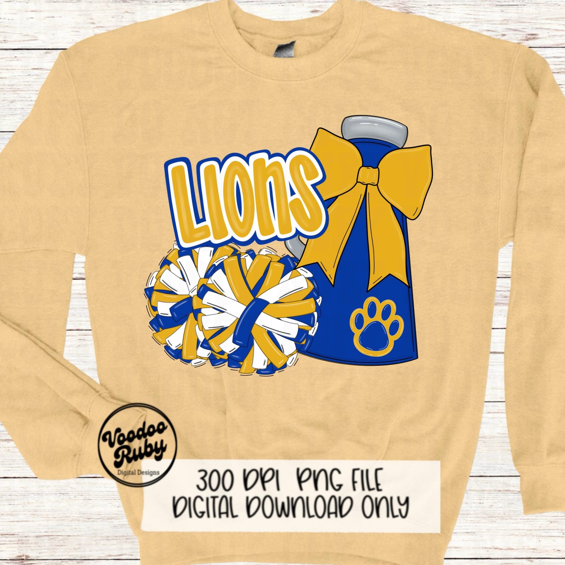 Lions Cheer PNG Design Sublimation Hand Drawn Digital Download Football PNG Blue Gold Lions png Paw Print Mascot DTF Printable