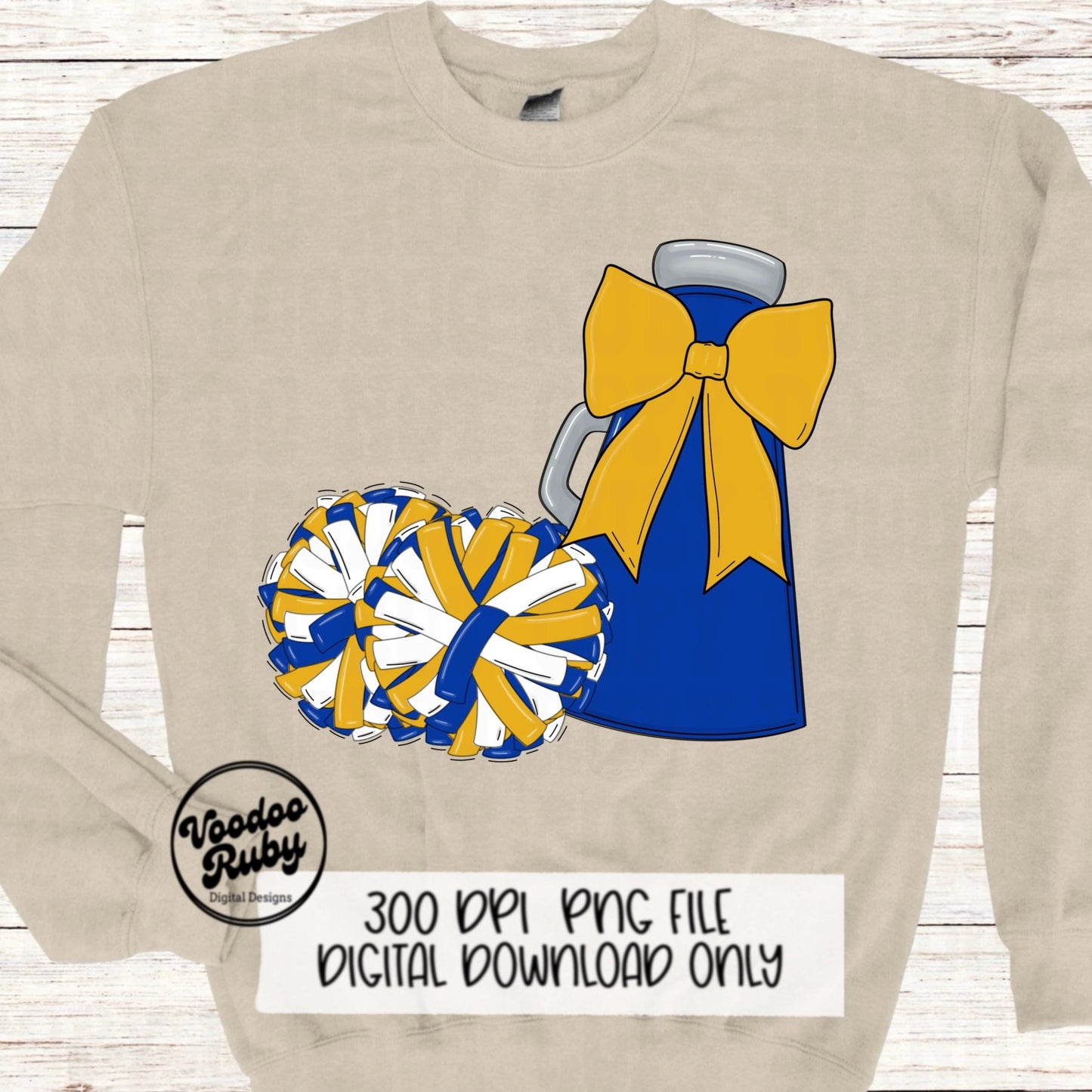 Blue and Gold Cheer PNG Design Sublimation Hand Drawn Digital Download Blue Gold Cheer Megaphone png Cheerleader Clip Art DTF Printable