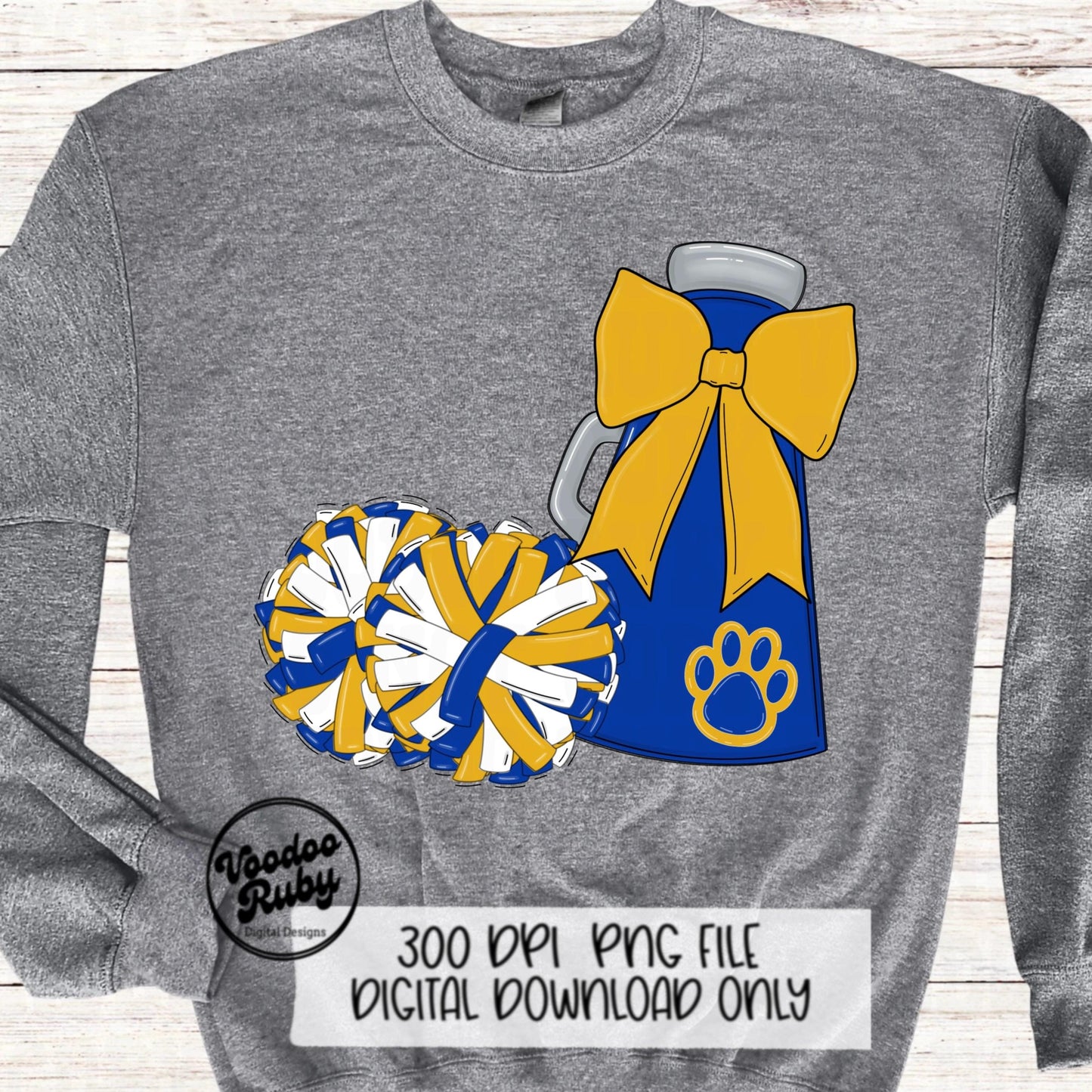 Blue and Gold Cheer PNG Design Sublimation Hand Drawn Digital Download Blue Gold Cheer Megaphone png Cheerleader Clip Art DTF Printable