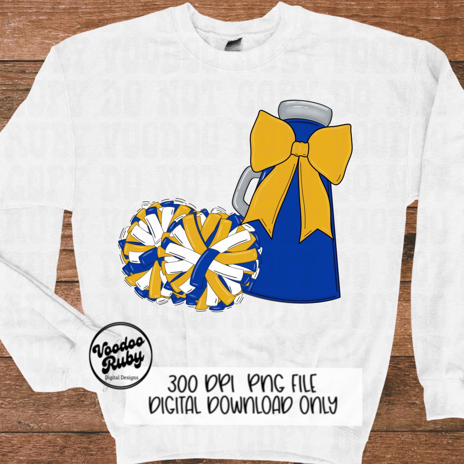 Blue and Gold Cheer PNG Design Sublimation Hand Drawn Digital Download Blue Gold Cheer Megaphone png Cheerleader Clip Art DTF Printable