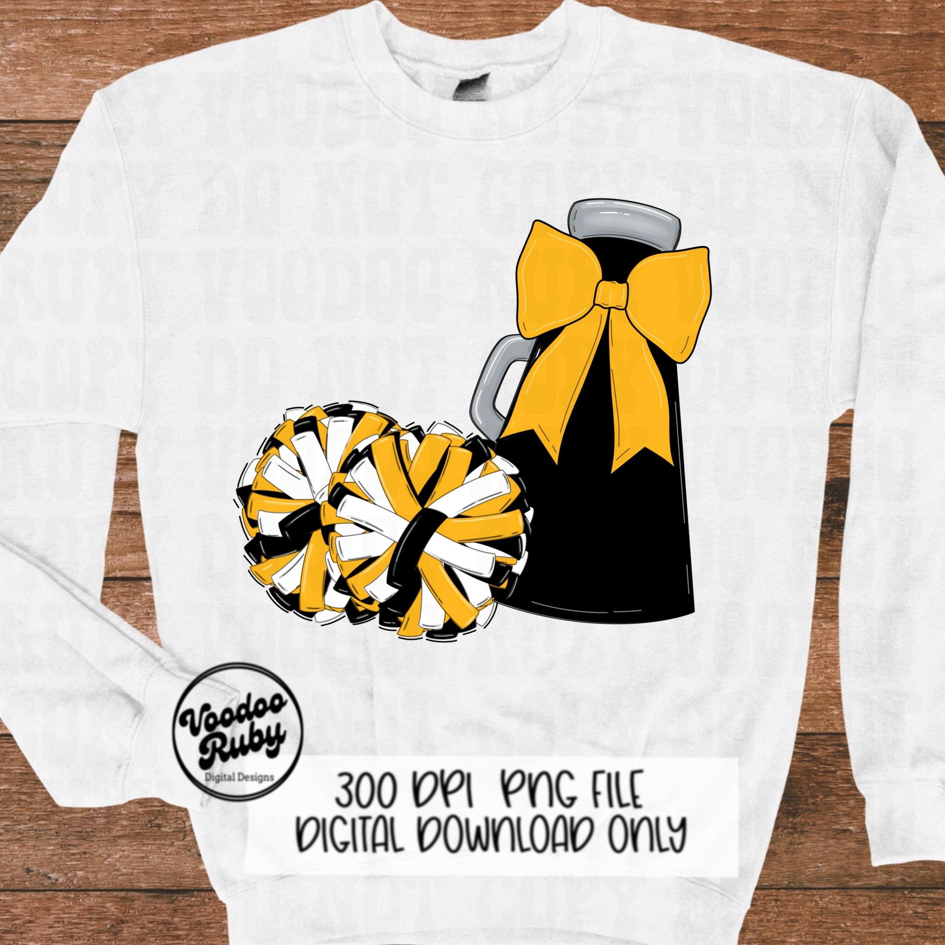 Black and Gold Cheer PNG Design Sublimation Hand Drawn Digital Download Black Gold Cheer Megaphone png Cheerleader Clip Art DTF Printable