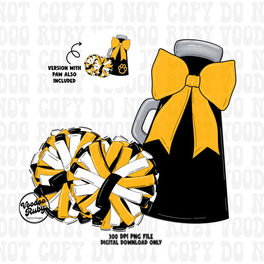 Black and Gold Cheer PNG Design Sublimation Hand Drawn Digital Download Black Gold Cheer Megaphone png Cheerleader Clip Art DTF Printable