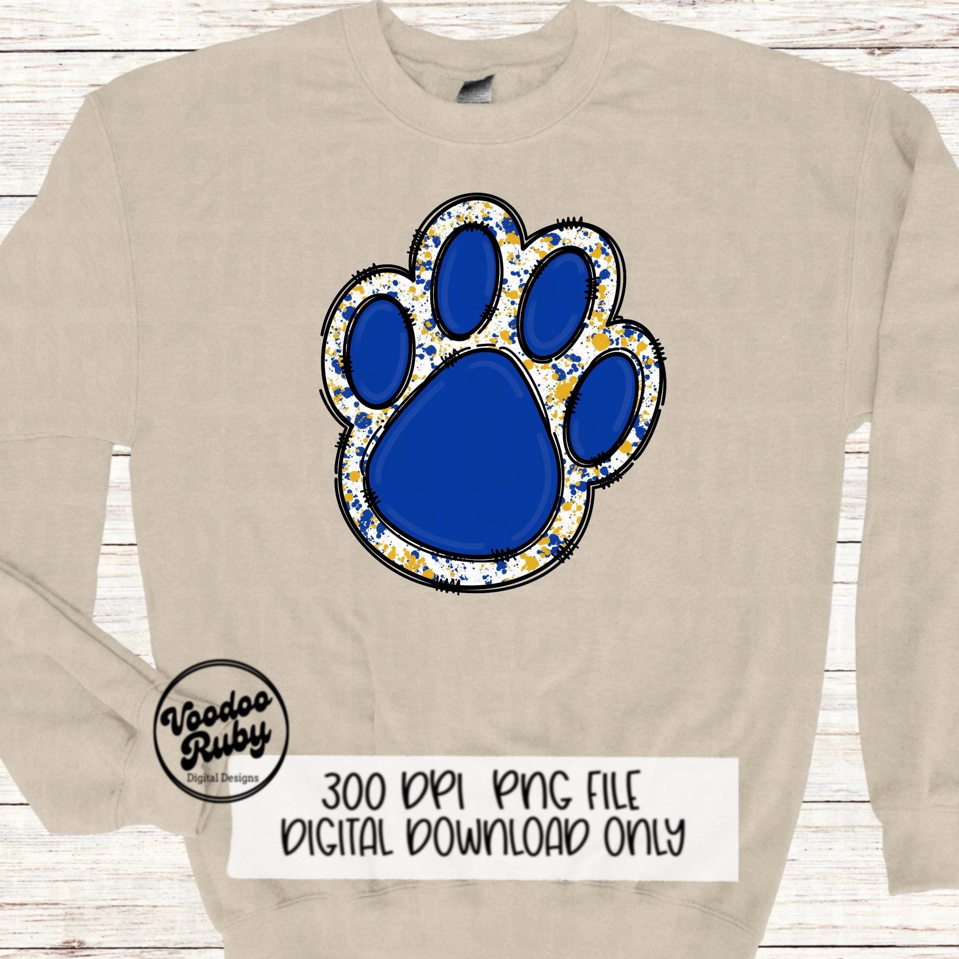 Blue Gold Paw PNG Design Sublimation Hand Drawn Digital Download Paw Print Doodle Mascot Clip Art DTF Printable