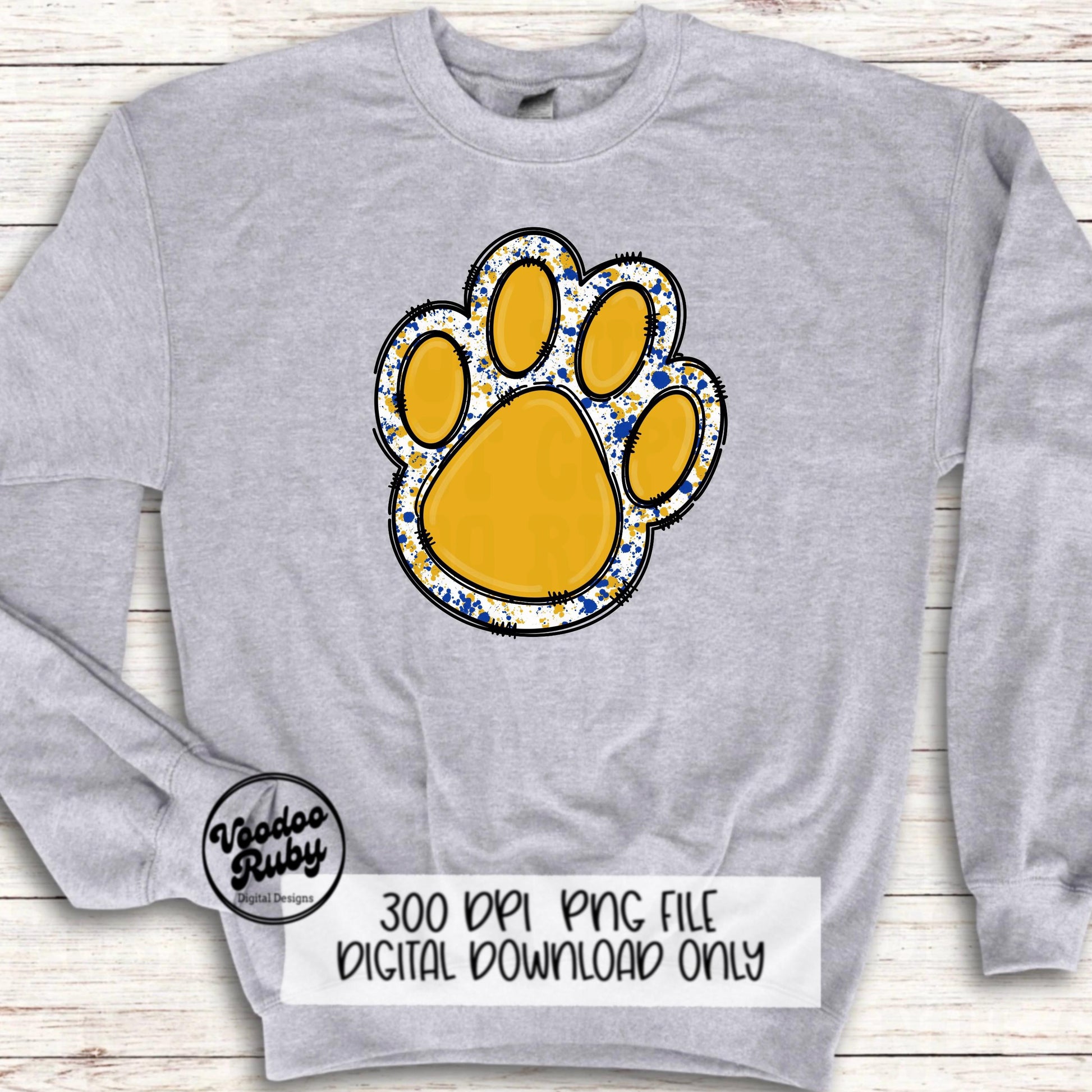 Gold and Blue Paw Print PNG Sublimation Design Hand Drawn Digital Download Football PNG Doodle Clip Art DTF Printable