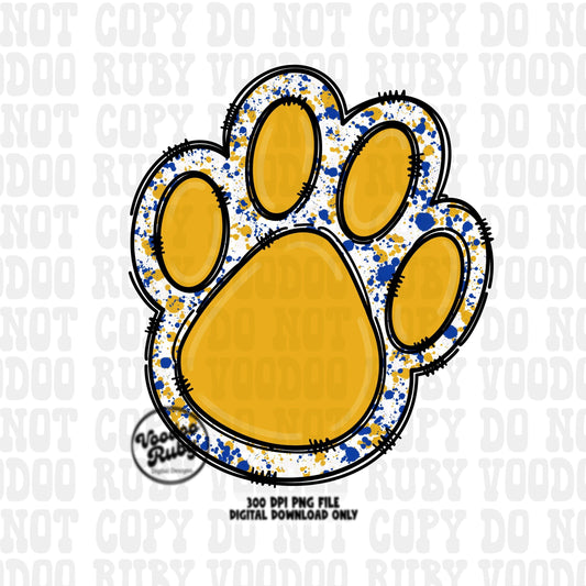 Gold and Blue Paw Print PNG Sublimation Design Hand Drawn Digital Download Football PNG Doodle Clip Art DTF Printable