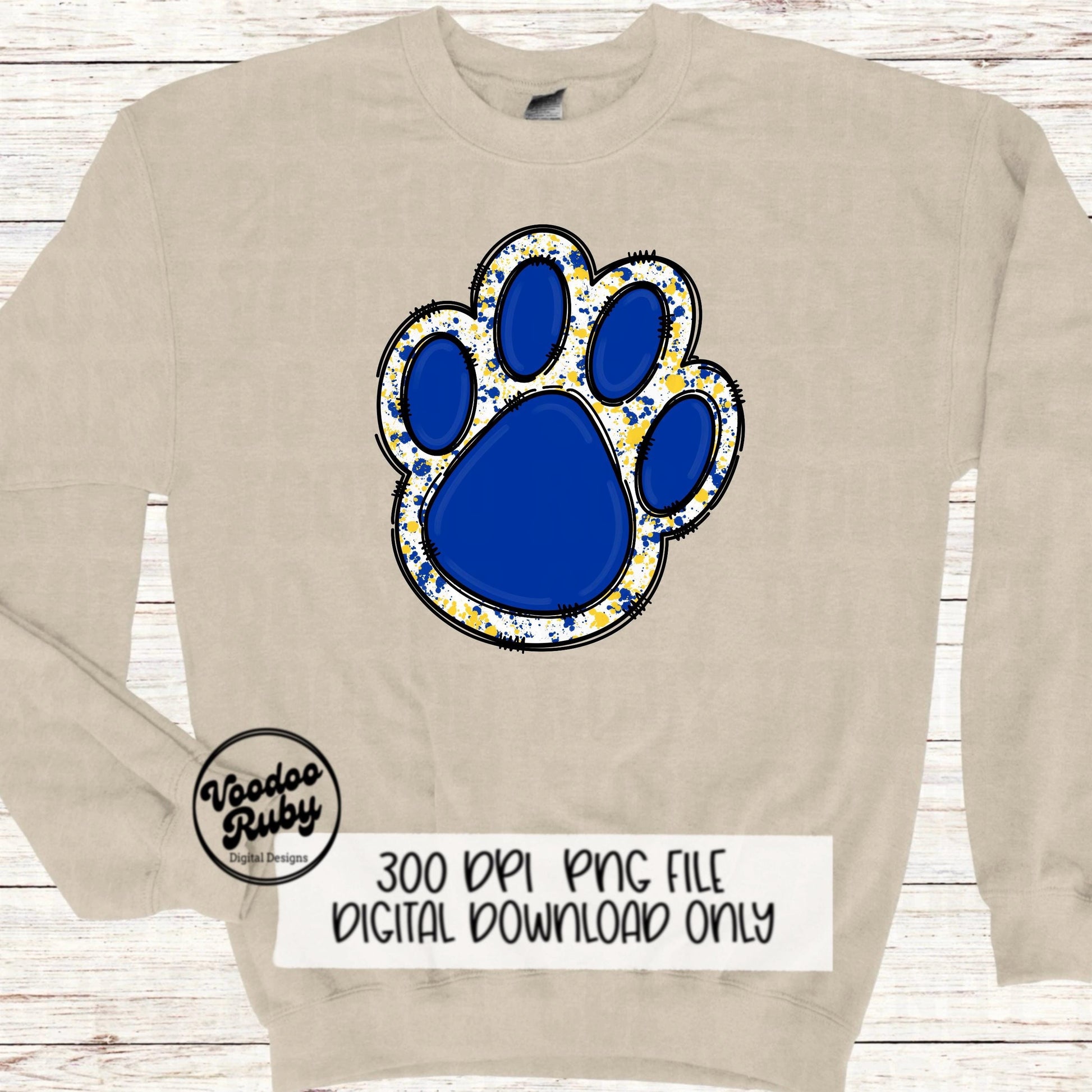 Blue Yellow Paw PNG Design Hand Drawn Digital Download PNG Sublimation Paw Print Doodle Clip Art DTF Printable