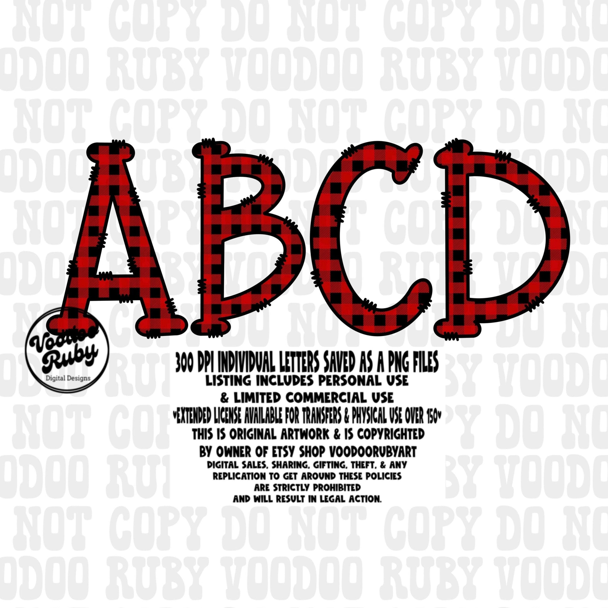Christmas Alphabet PNG Bundle: Buffalo Plaid Doodle Letters (Digital Download