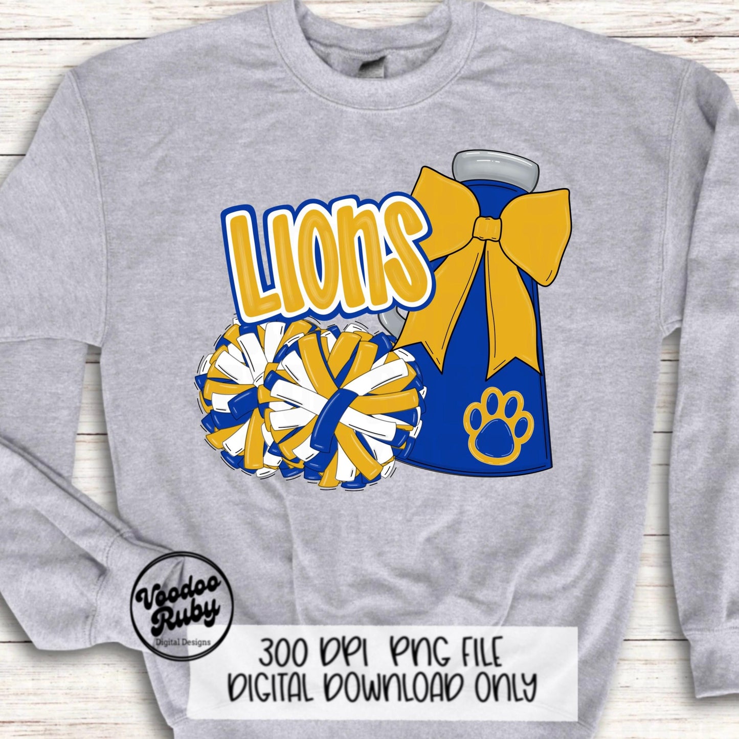 Lions Cheer PNG Design Sublimation Hand Drawn Digital Download Football PNG Blue Gold Lions png Paw Print Mascot DTF Printable