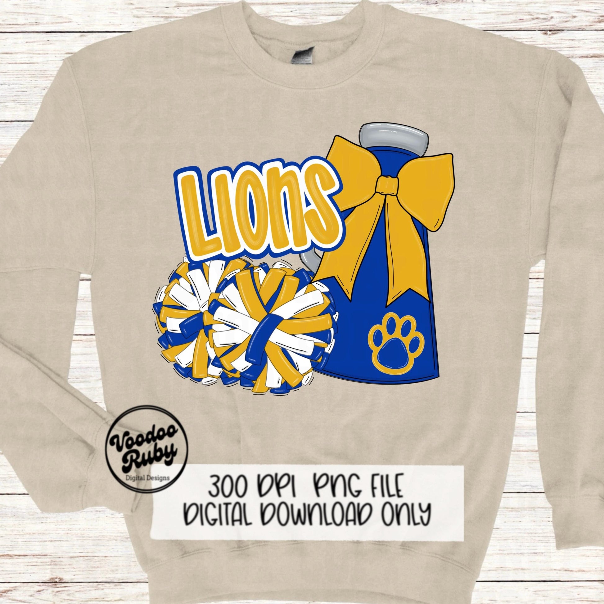 Lions Cheer PNG Design Sublimation Hand Drawn Digital Download Football PNG Blue Gold Lions png Paw Print Mascot DTF Printable