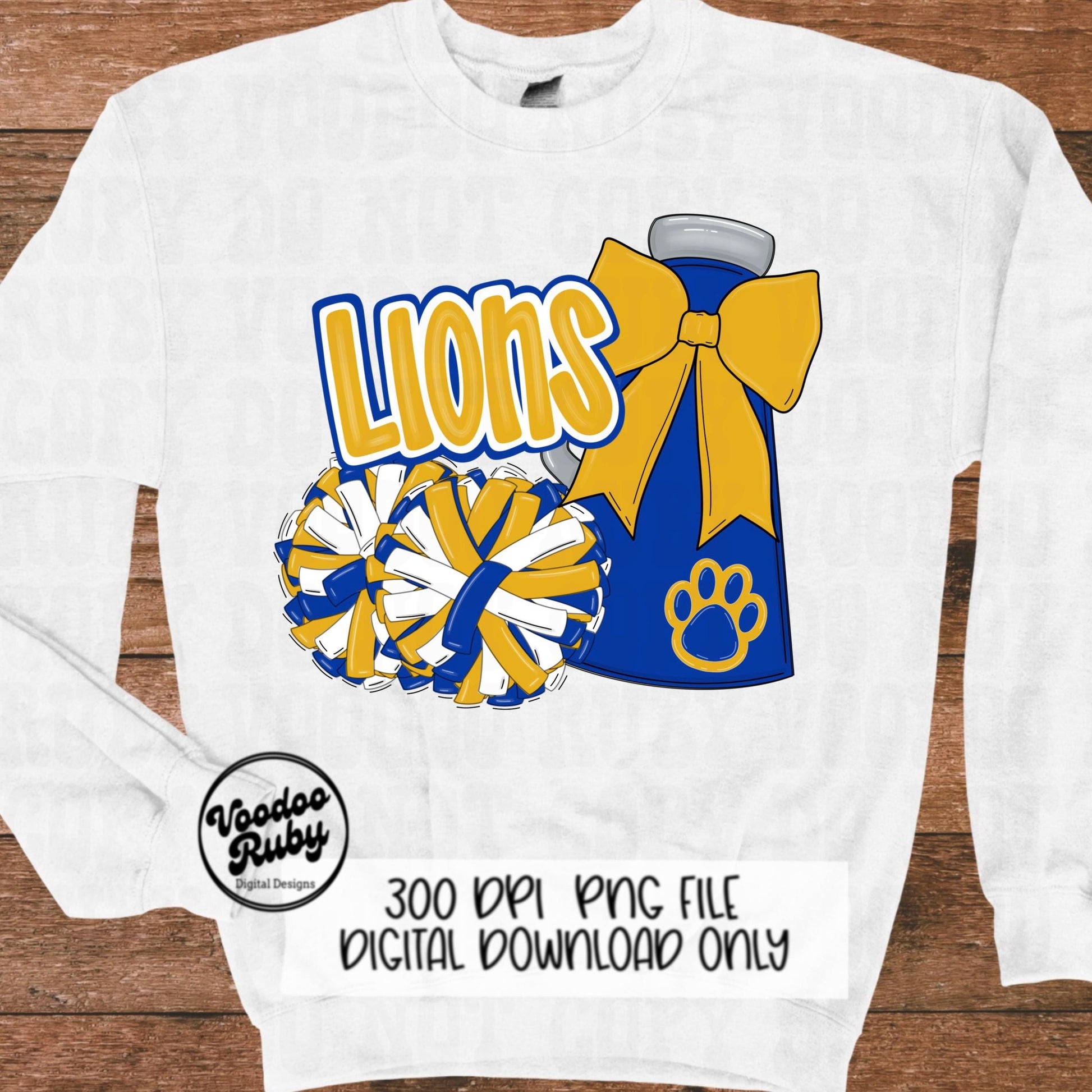 Lions Cheer PNG Design Sublimation Hand Drawn Digital Download Football PNG Blue Gold Lions png Paw Print Mascot DTF Printable