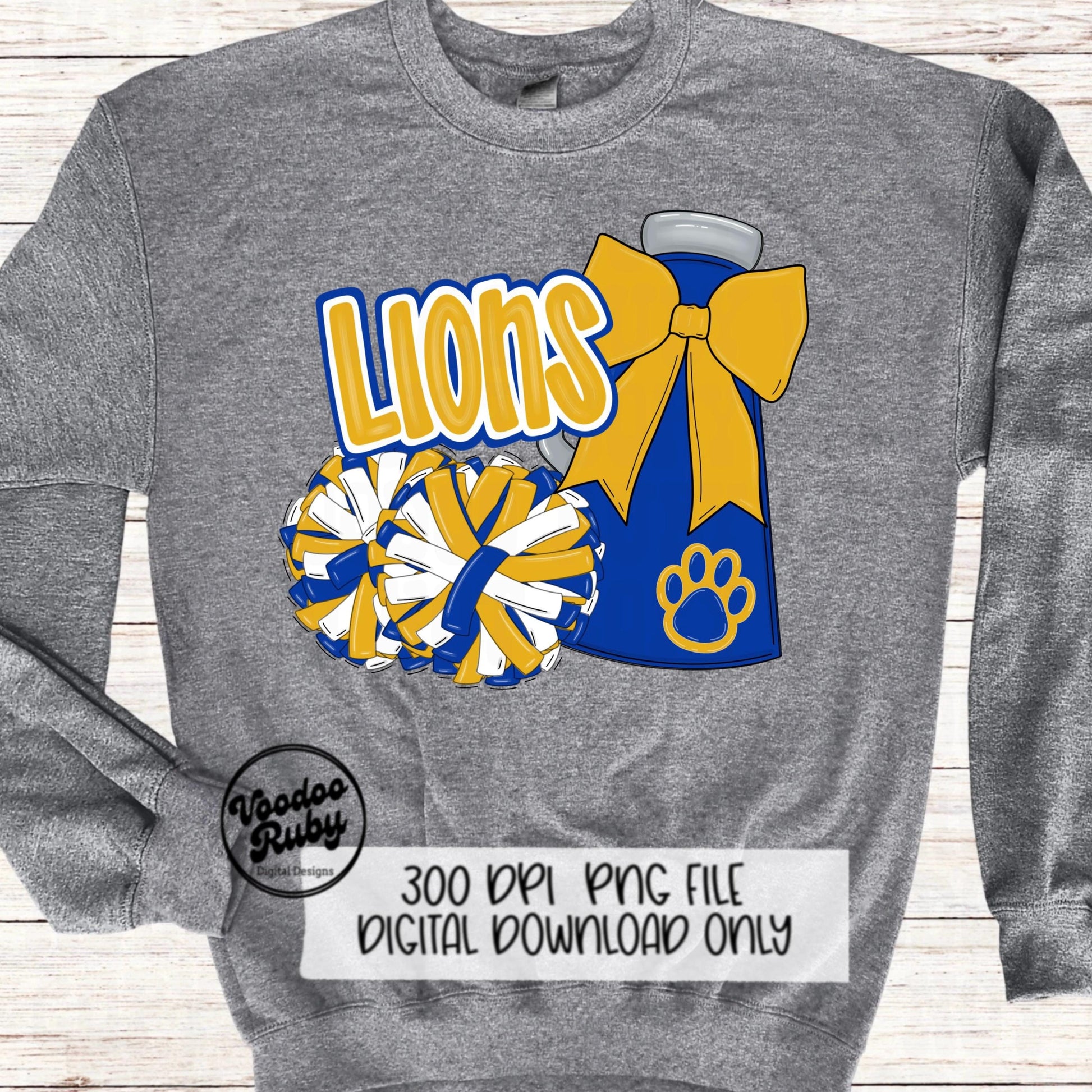 Lions Cheer PNG Design Sublimation Hand Drawn Digital Download Football PNG Blue Gold Lions png Paw Print Mascot DTF Printable