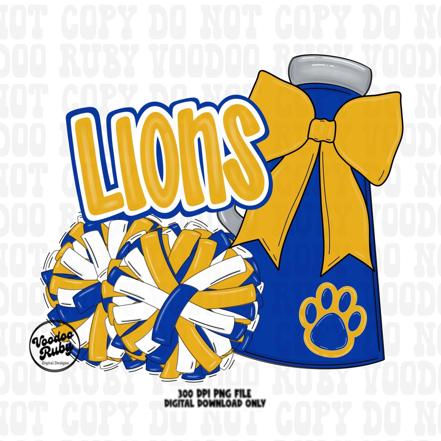 Lions Cheer PNG Design Sublimation Hand Drawn Digital Download Football PNG Blue Gold Lions png Paw Print Mascot DTF Printable