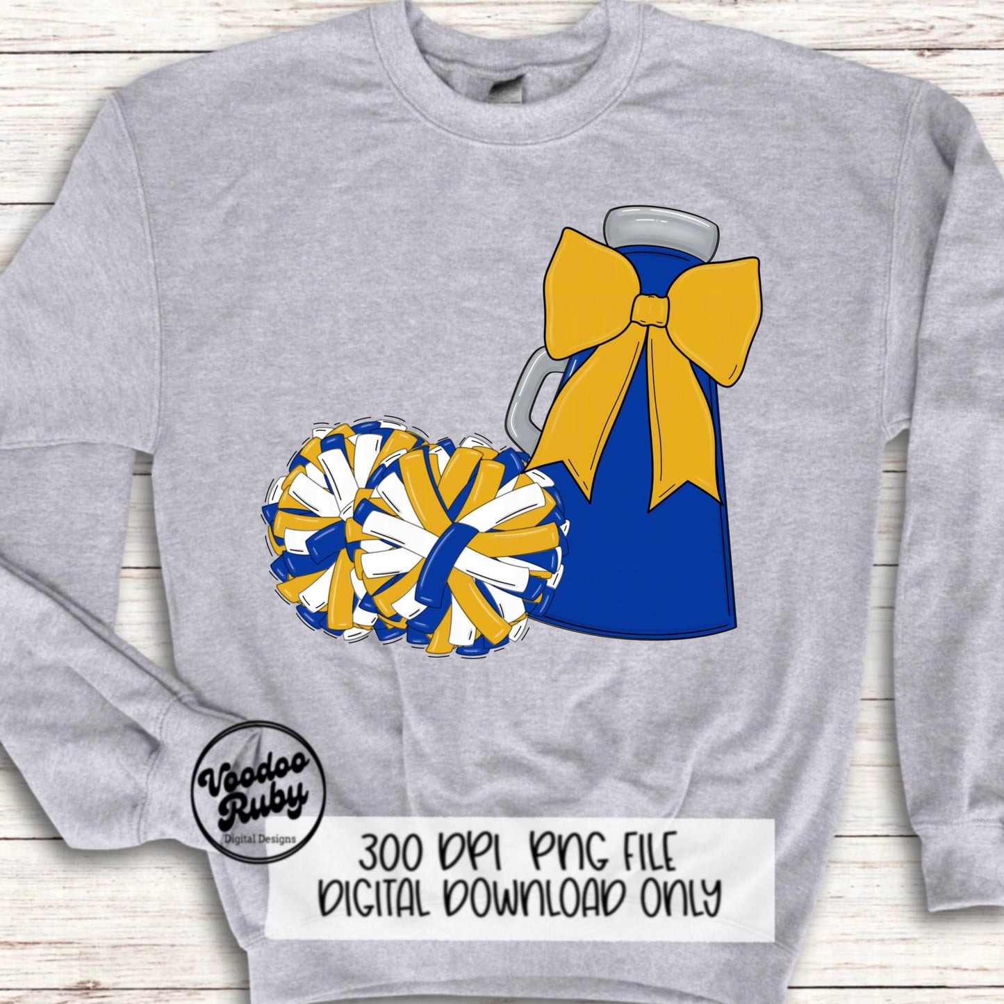 Blue and Gold Cheer PNG Design Sublimation Hand Drawn Digital Download Blue Gold Cheer Megaphone png Cheerleader Clip Art DTF Printable