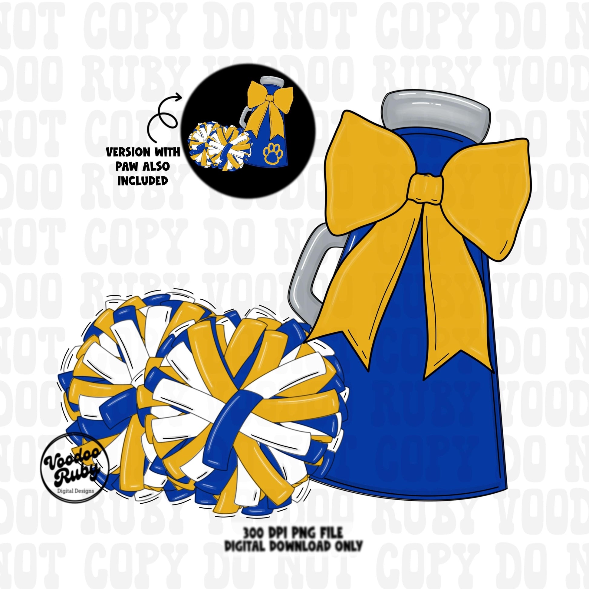 Blue and Gold Cheer PNG Design Sublimation Hand Drawn Digital Download Blue Gold Cheer Megaphone png Cheerleader Clip Art DTF Printable