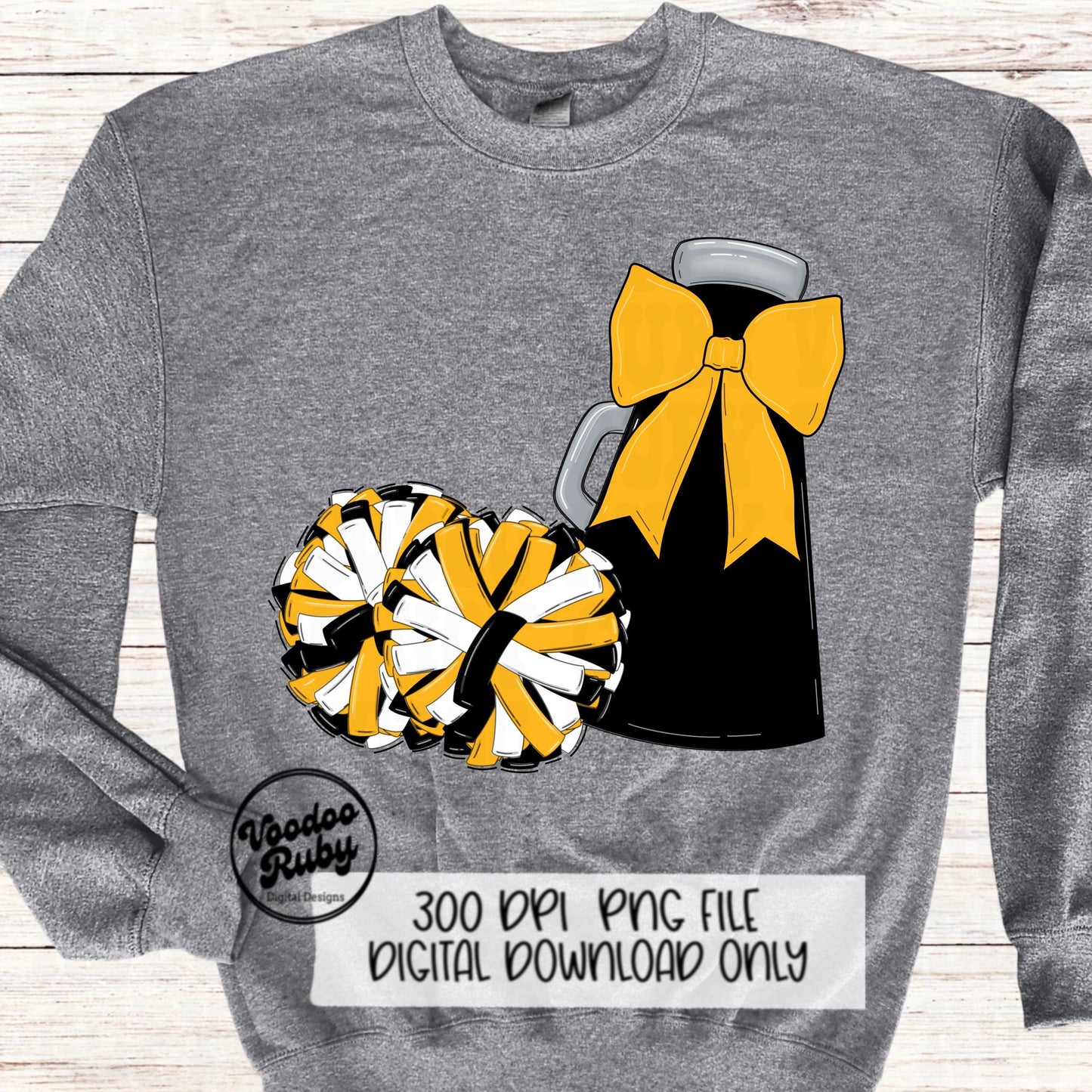 Black and Gold Cheer PNG Design Sublimation Hand Drawn Digital Download Black Gold Cheer Megaphone png Cheerleader Clip Art DTF Printable