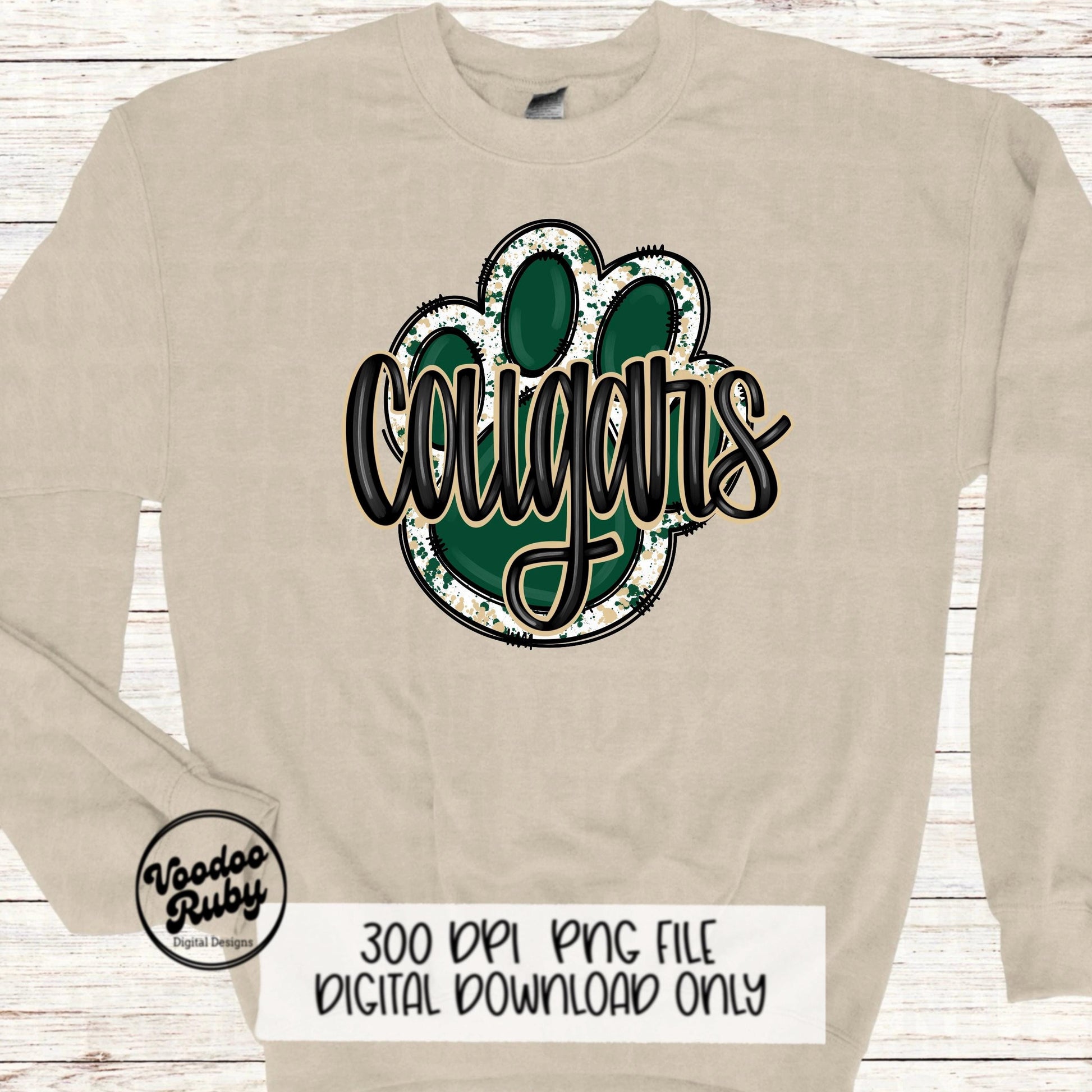 Cougars PNG Design Sublimation Hand Drawn Digital Download Football PNG Paw Print Green Gold Cougars Mascot DTF Printable