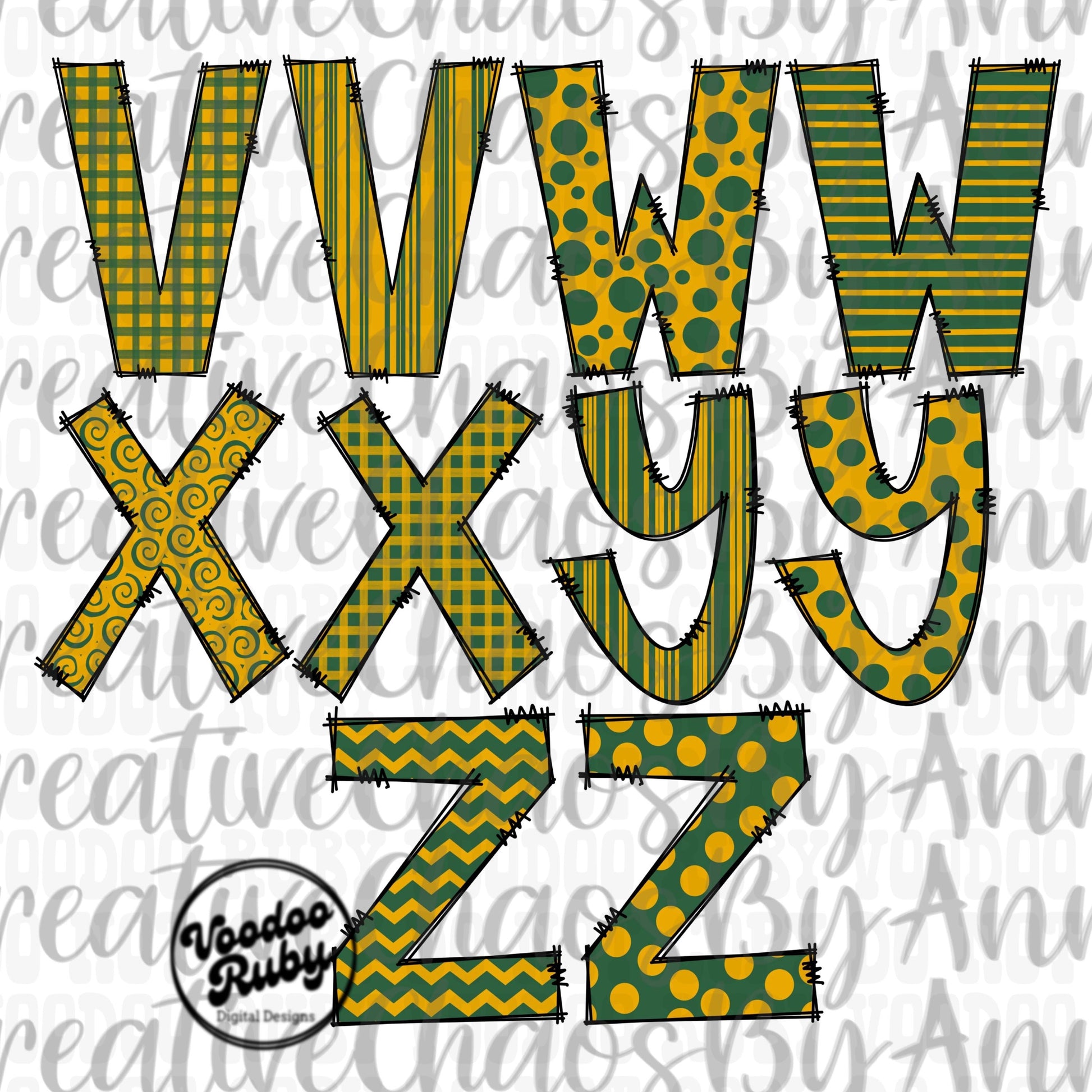 Doodle Letters Alphabet Bundle PNG | Green and Gold | Hand Drawn Alpha Pack Digital Download | Sublimation Alphabet | Digital Design PNG
